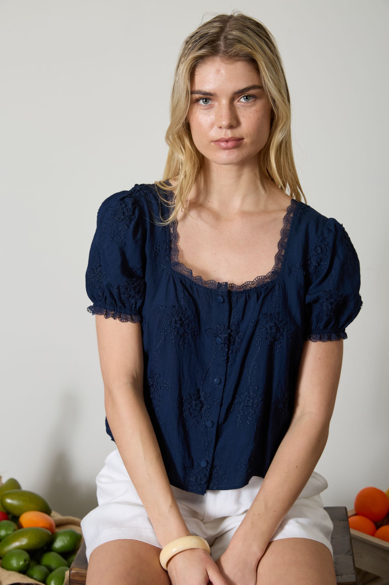 FLORAL EMBROIDERY LACE TRIM PUFF SLEEVE TOP