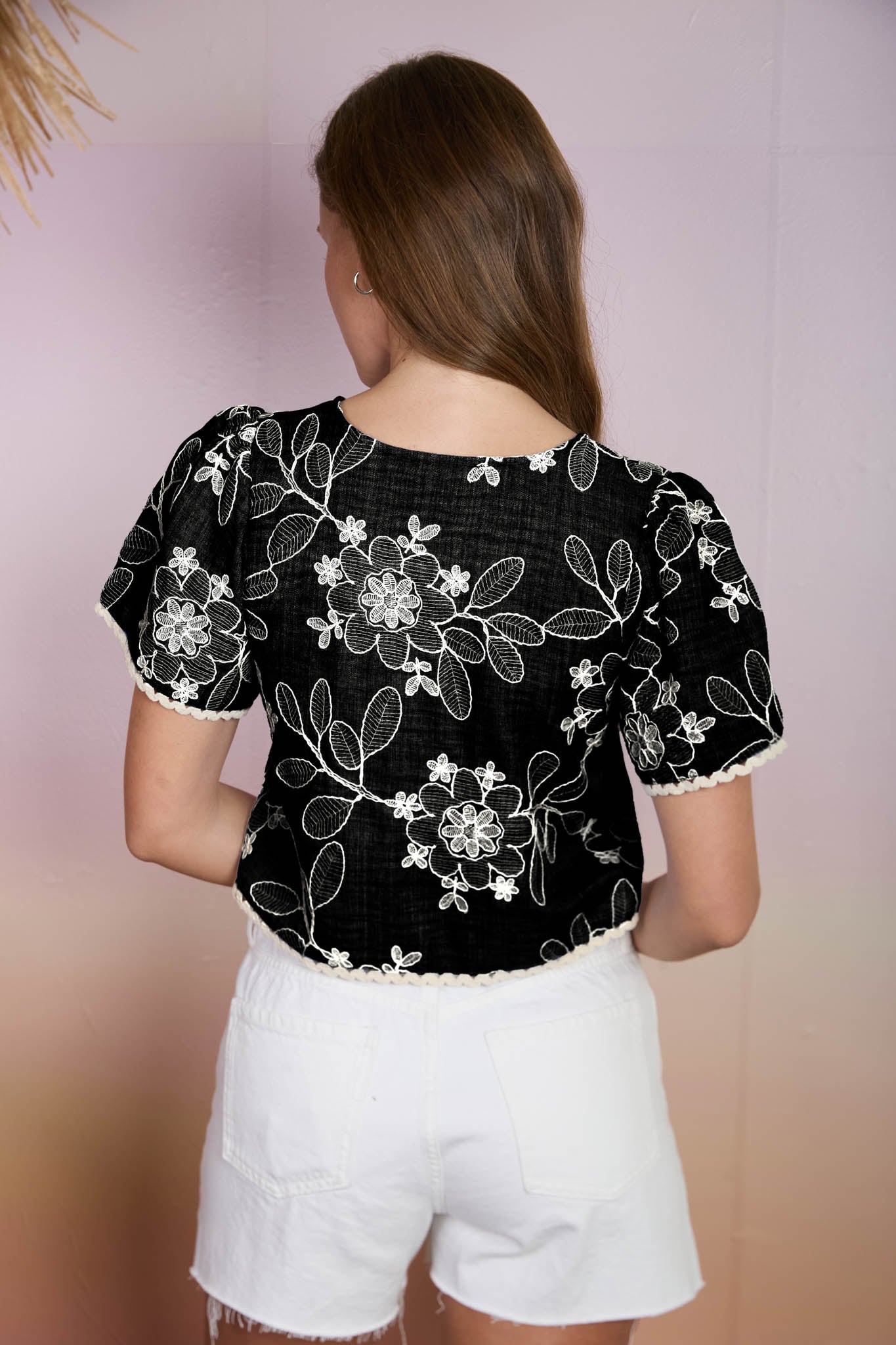 EMBROIDERED PATTERN FRONT TIE WAVY TRIM TOP (PRE-ORDER)