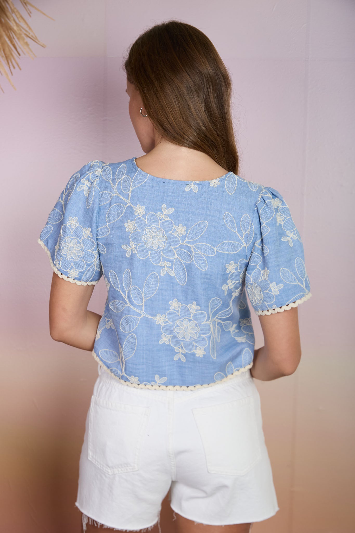 EMBROIDERED PATTERN FRONT TIE WAVY TRIM TOP (PRE-ORDER)