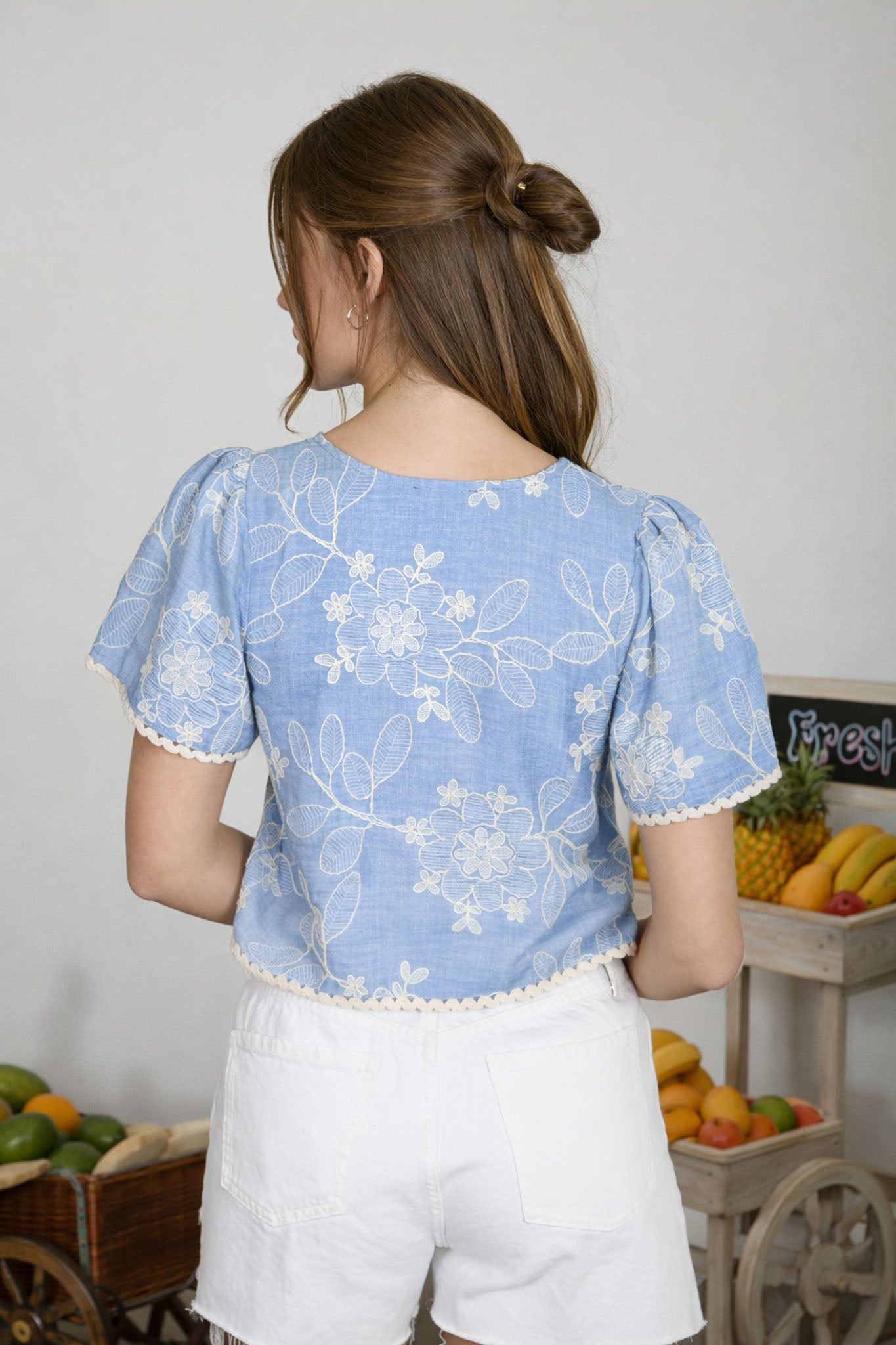 EMBROIDERED PATTERN FRONT TIE WAVY TRIM TOP (PRE-ORDER)