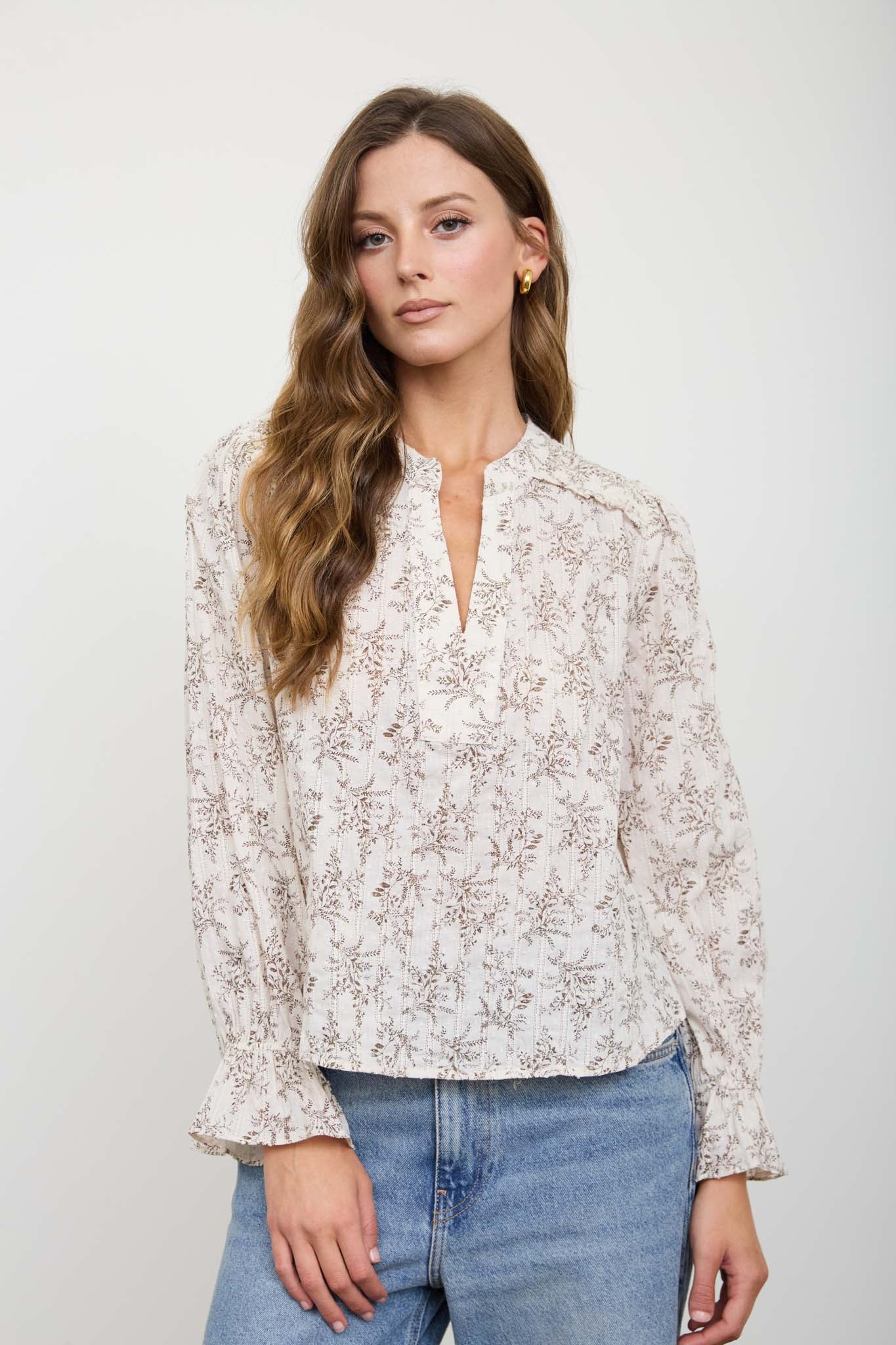 FLORAL LEAF PRINT SPLIT NECK LONG SLEEVE BLOUSE (PRE-ORDER)