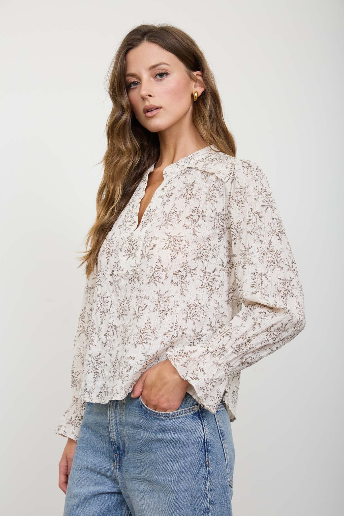 FLORAL LEAF PRINT SPLIT NECK LONG SLEEVE BLOUSE (PRE-ORDER)