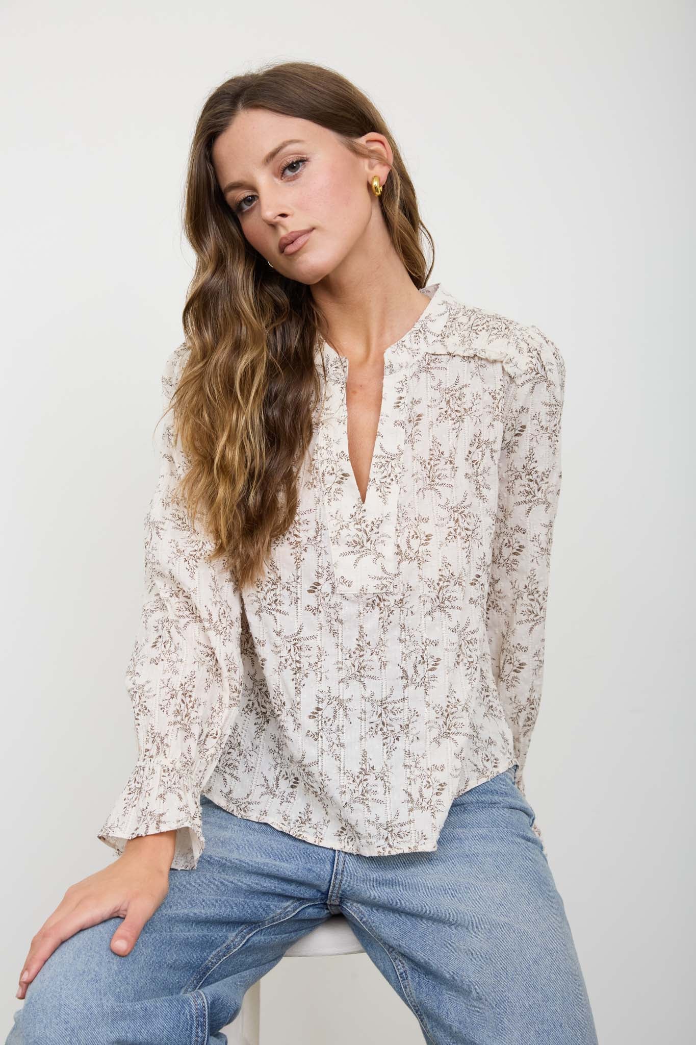 FLORAL LEAF PRINT SPLIT NECK LONG SLEEVE BLOUSE (PRE-ORDER)