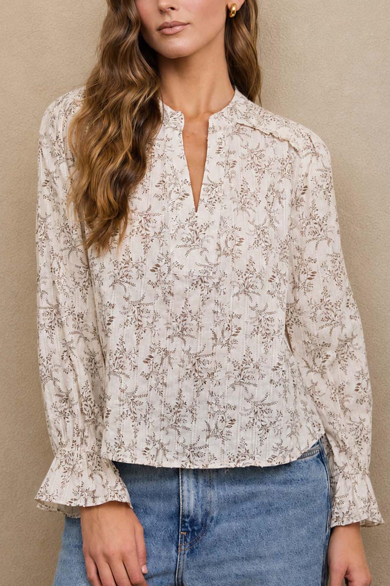 FLORAL LEAF PRINT SPLIT NECK LONG SLEEVE BLOUSE (PRE-ORDER)