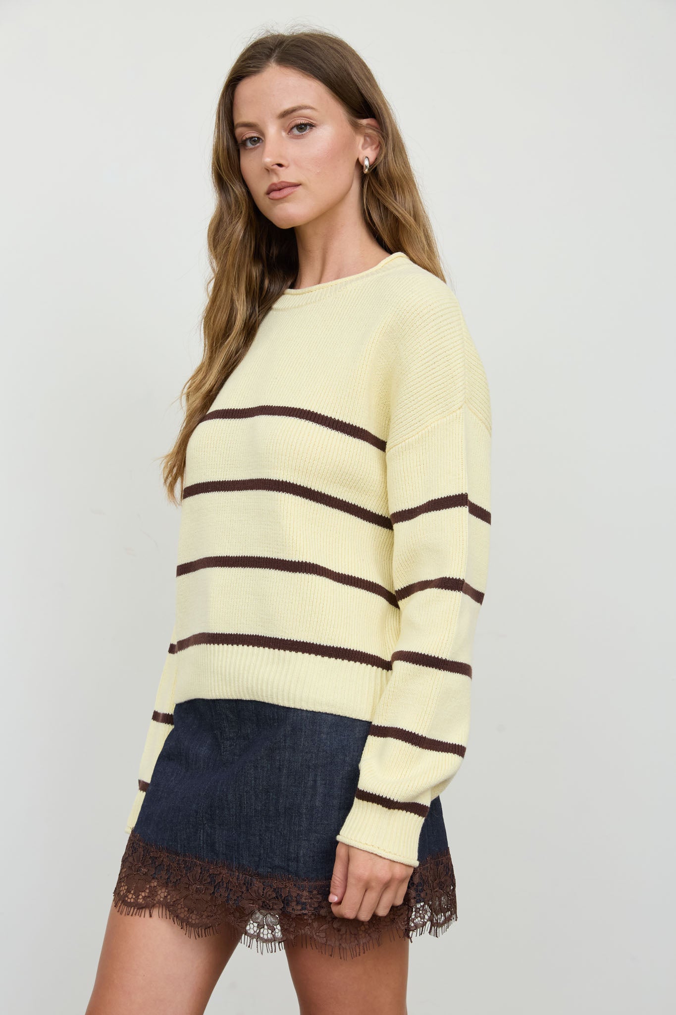 STRIPE RAW CREW NECK LONG SLEEVE SWEATER