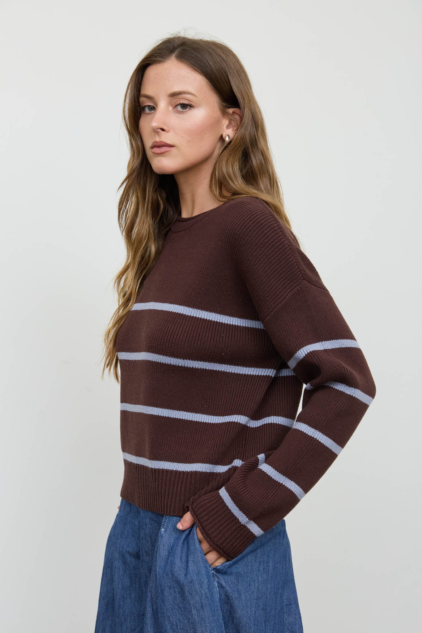 STRIPE RAW CREW NECK LONG SLEEVE SWEATER