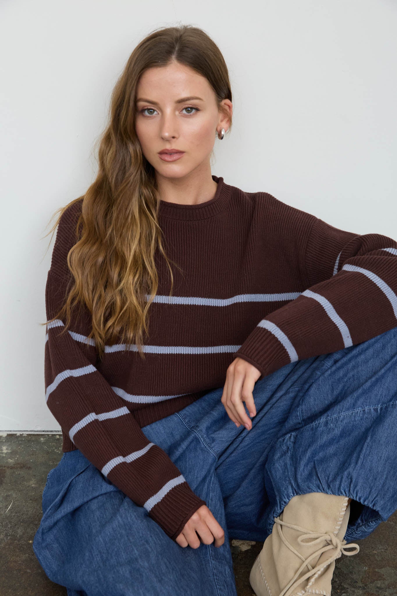 STRIPE RAW CREW NECK LONG SLEEVE SWEATER