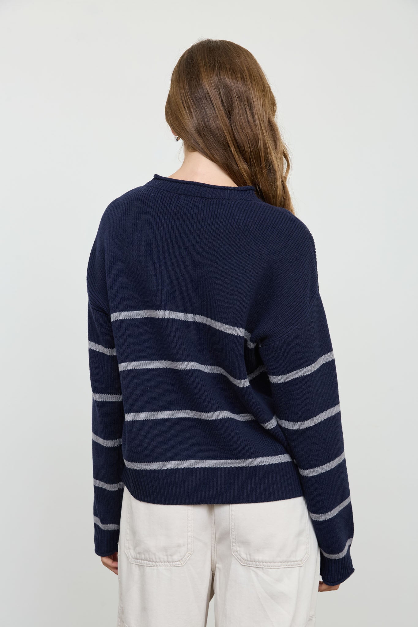 STRIPE RAW CREW NECK LONG SLEEVE SWEATER