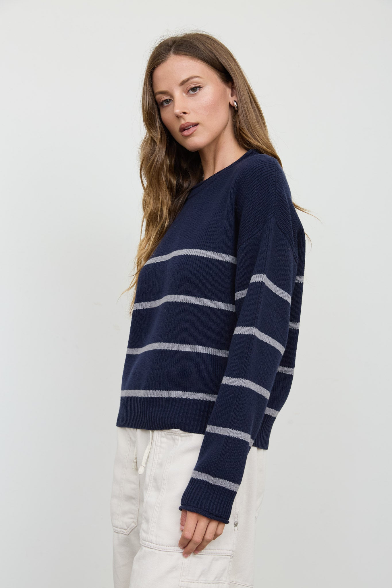 STRIPE RAW CREW NECK LONG SLEEVE SWEATER