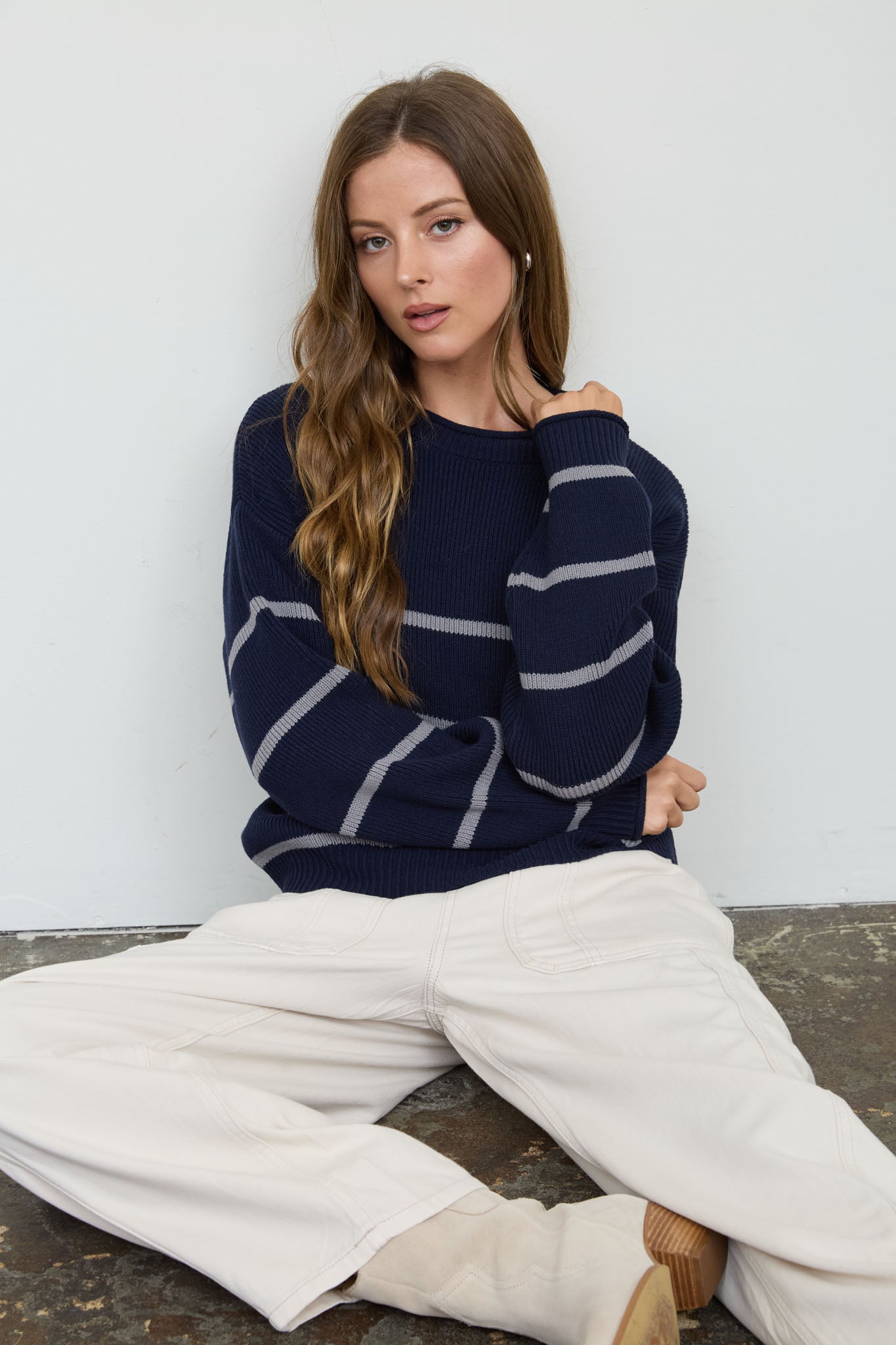 STRIPE RAW CREW NECK LONG SLEEVE SWEATER
