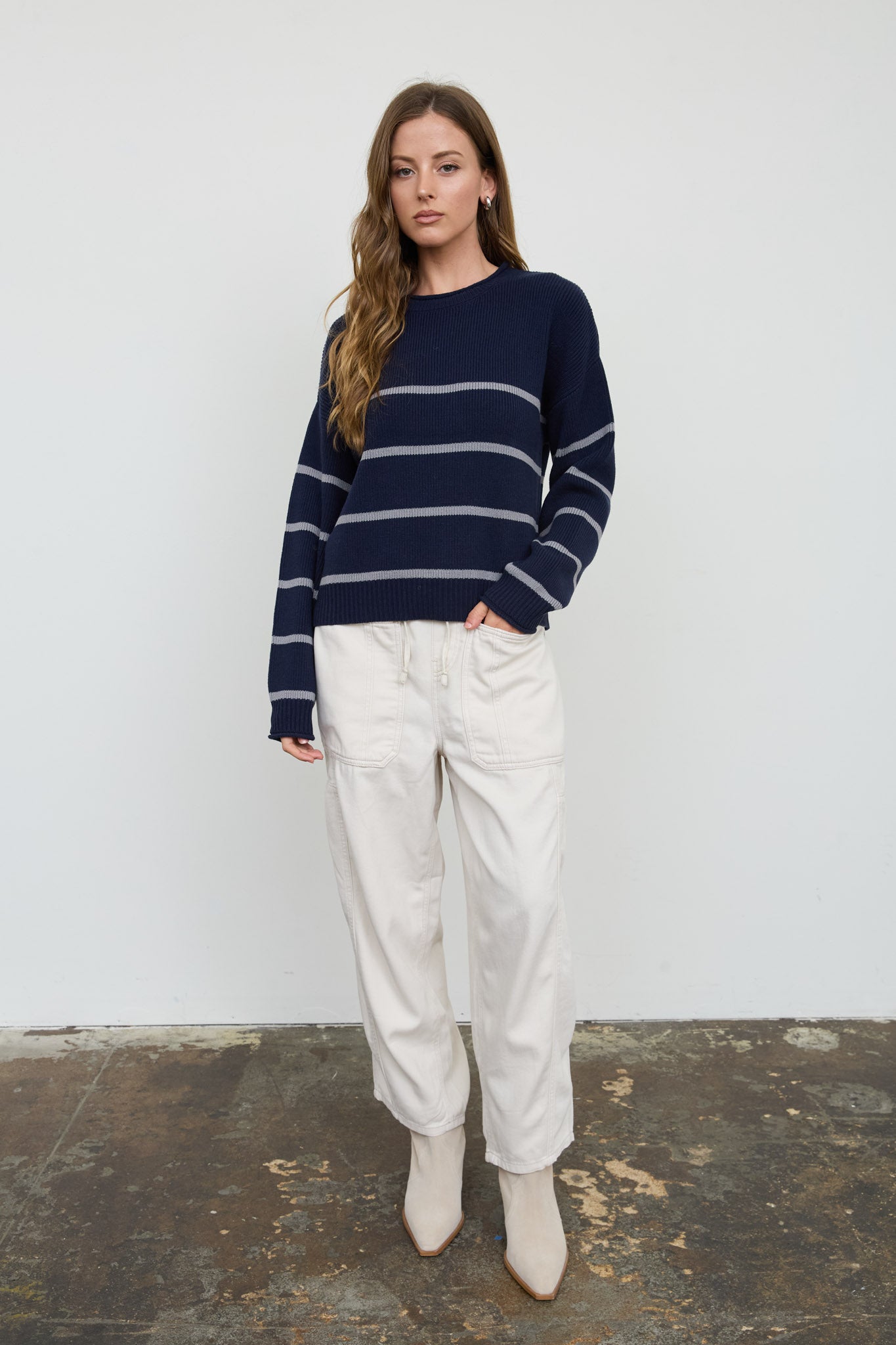 STRIPE RAW CREW NECK LONG SLEEVE SWEATER