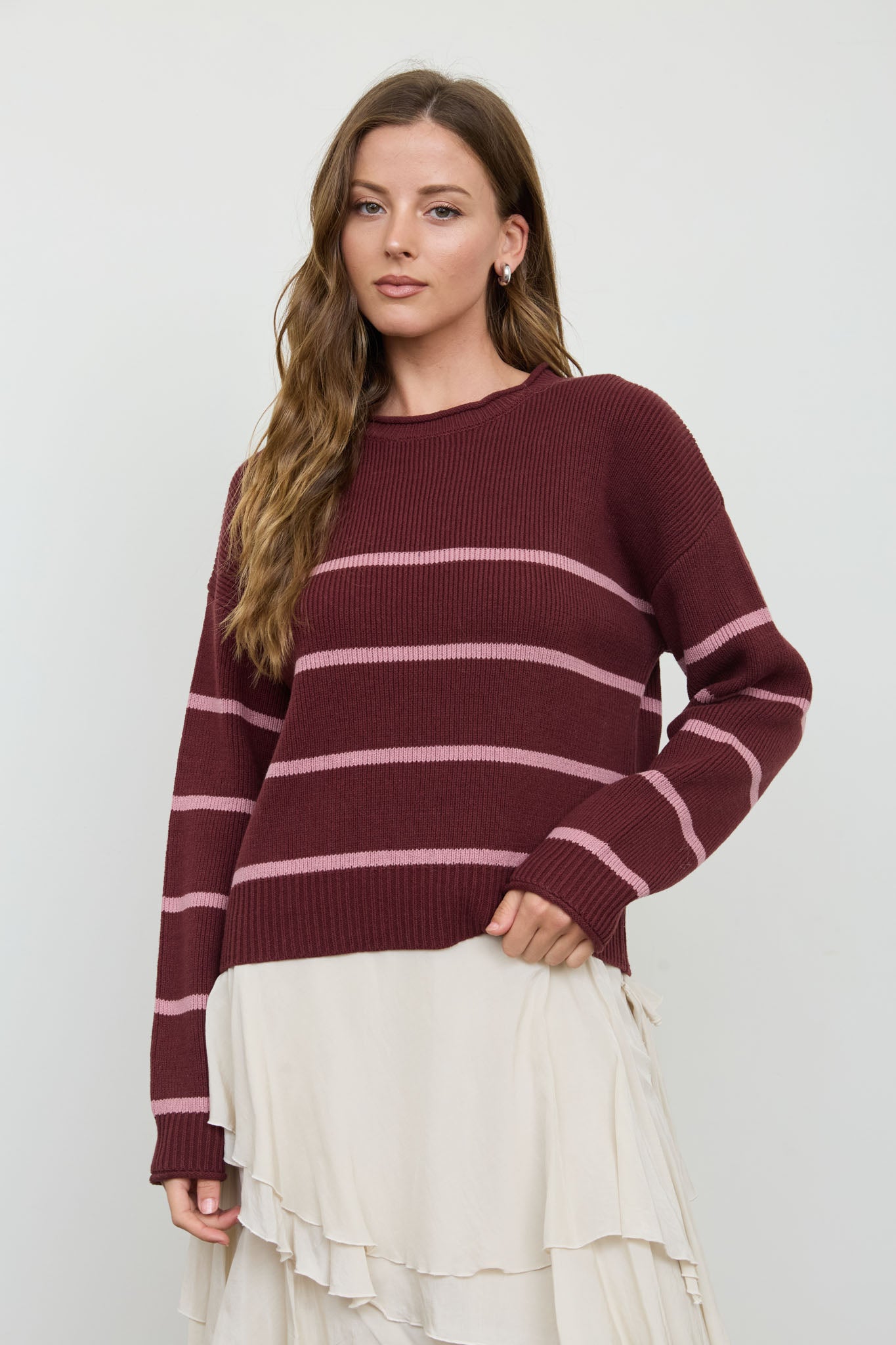 STRIPE RAW CREW NECK LONG SLEEVE SWEATER