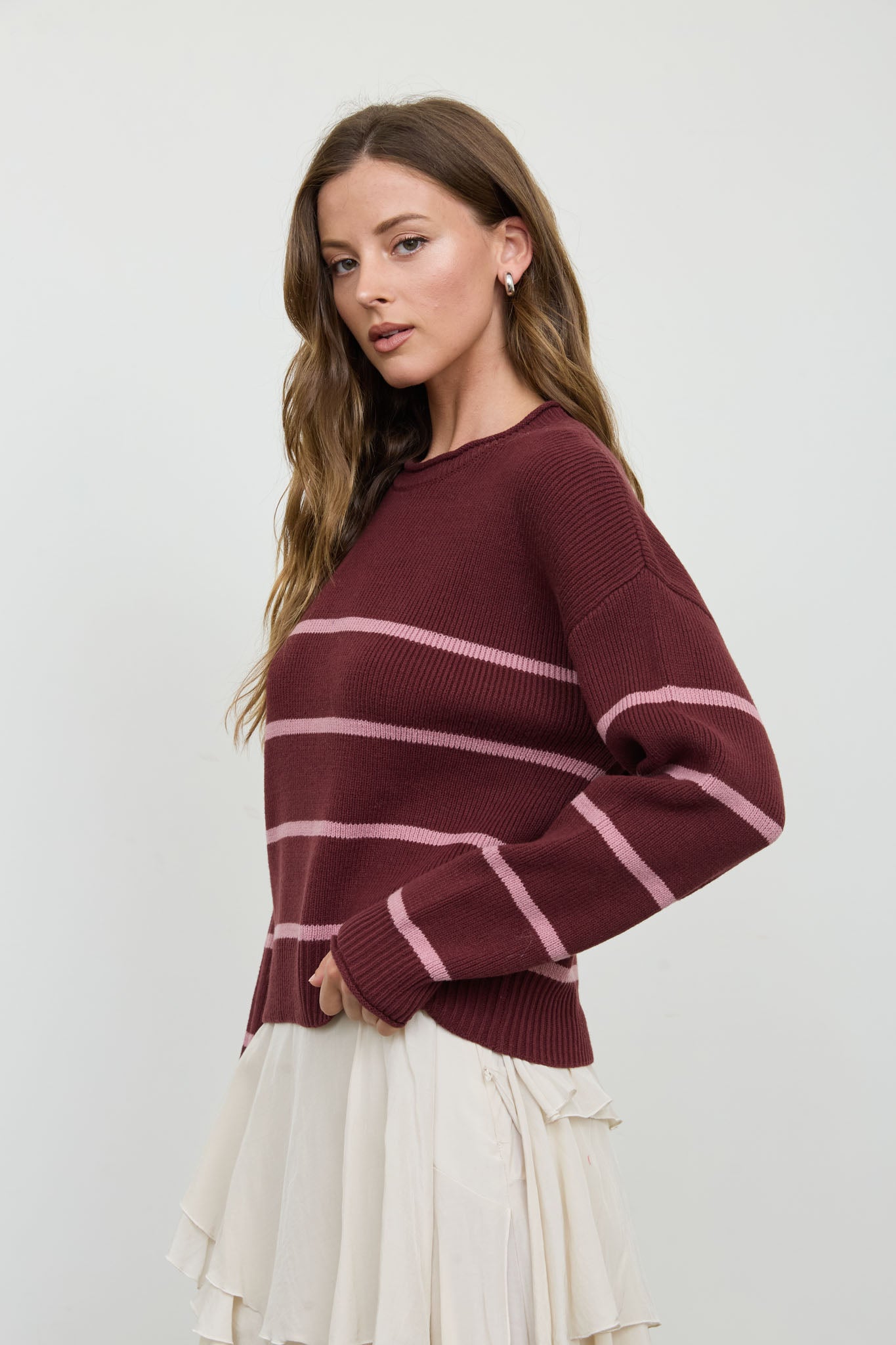 STRIPE RAW CREW NECK LONG SLEEVE SWEATER