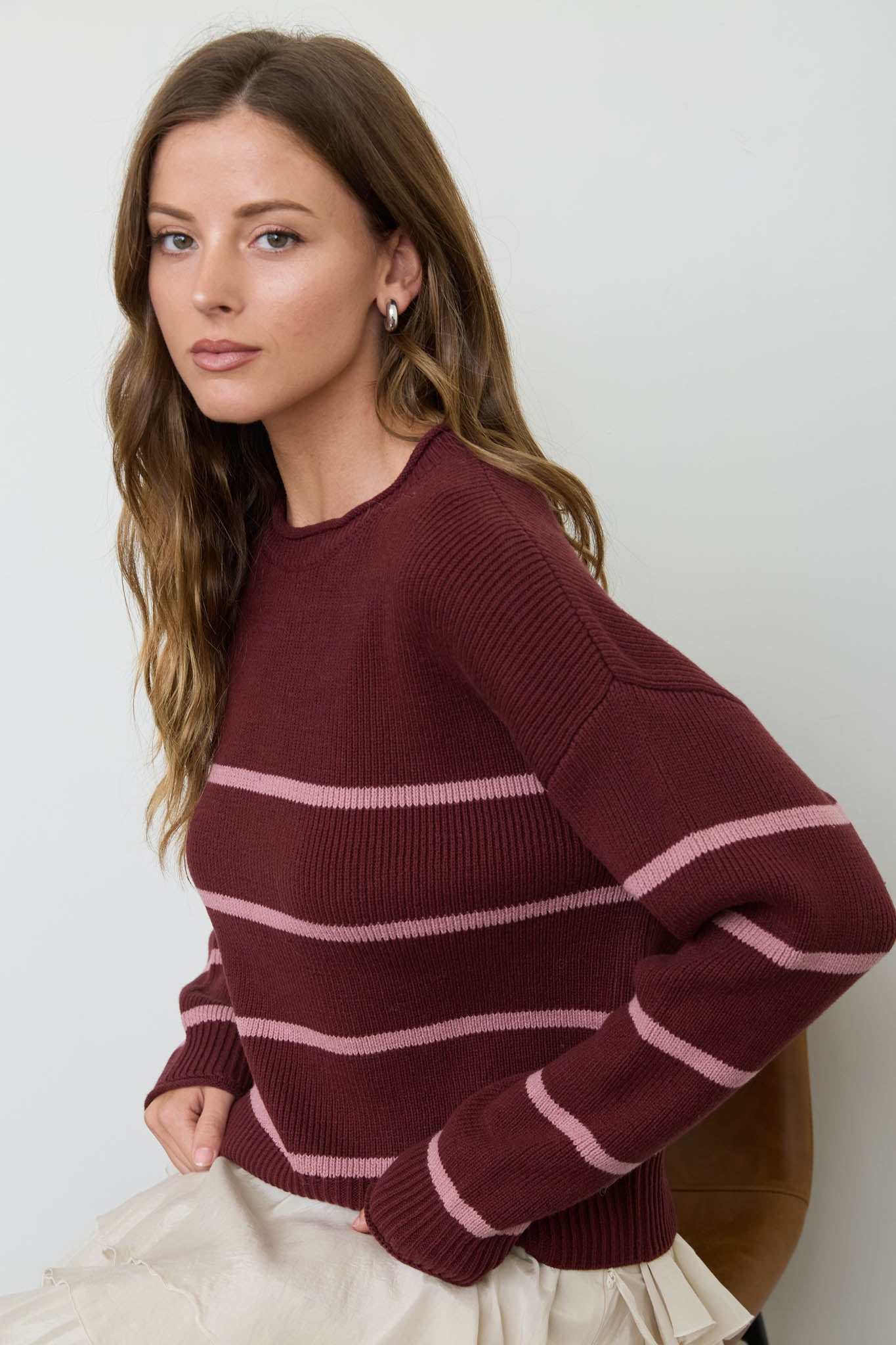 STRIPE RAW CREW NECK LONG SLEEVE SWEATER