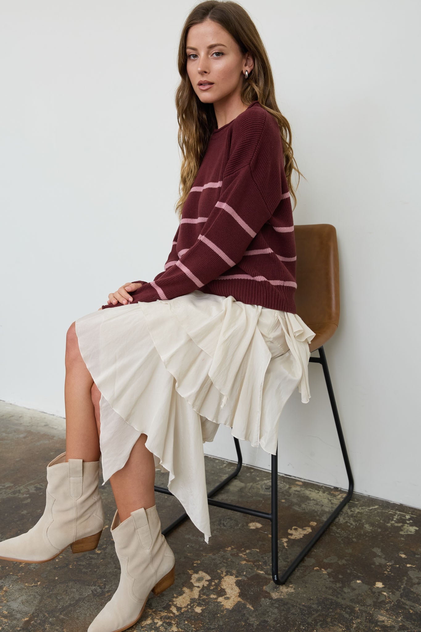 STRIPE RAW CREW NECK LONG SLEEVE SWEATER