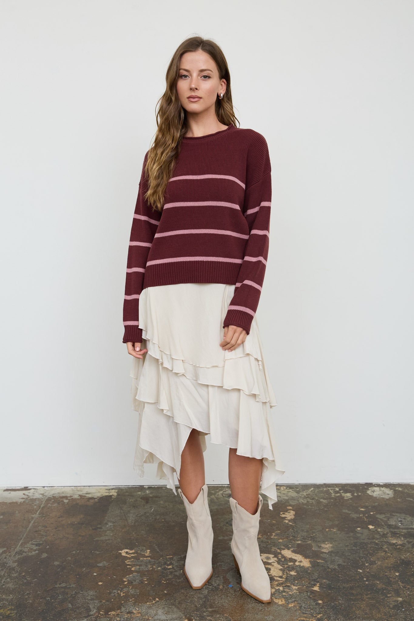 STRIPE RAW CREW NECK LONG SLEEVE SWEATER