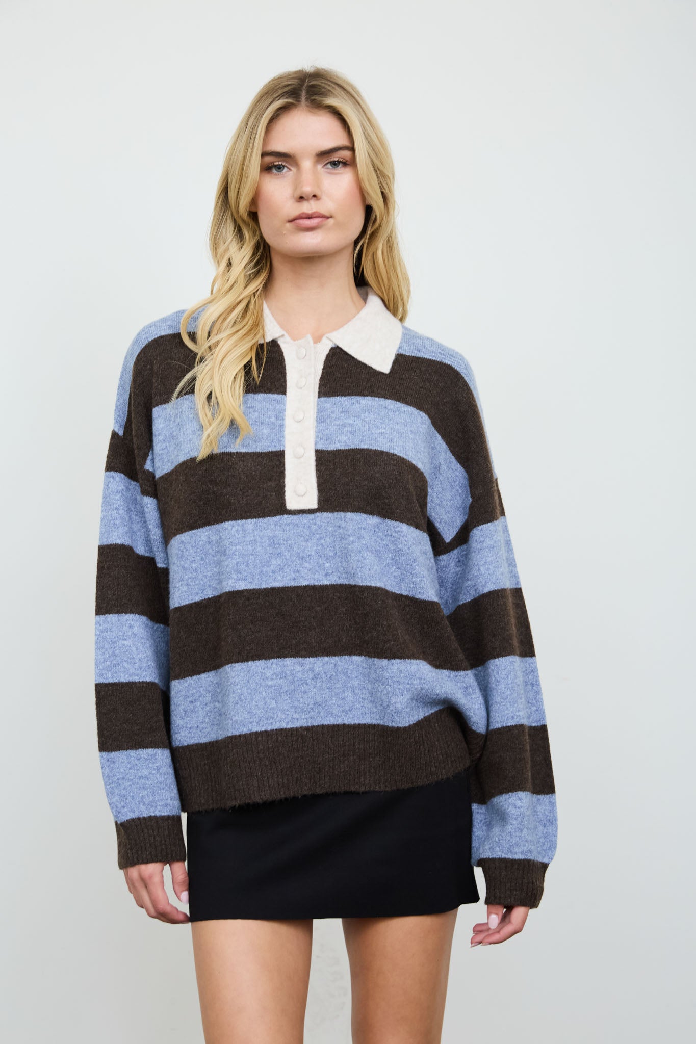 HEATHERED STRIPE POLO COLLAR LONG SLEEVE SWEATER