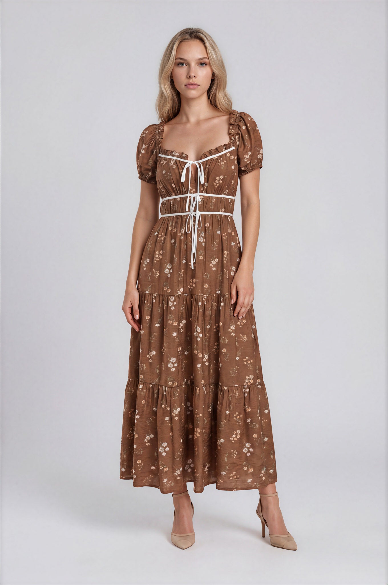 FLORAL PRINT RUFFLE TIERED PUFF SLEEVE MIDI DRESS (PRE-ORDER)