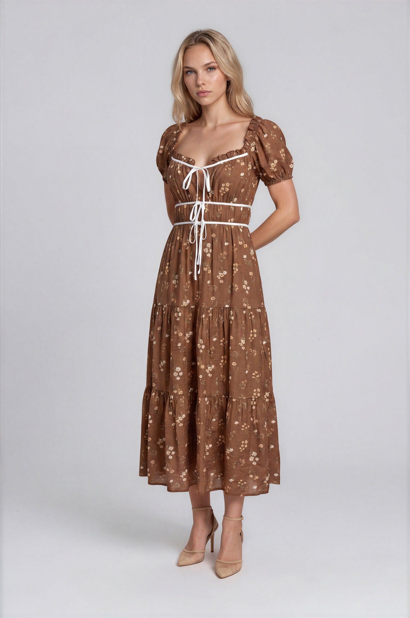 FLORAL PRINT RUFFLE TIERED PUFF SLEEVE MIDI DRESS (PRE-ORDER)