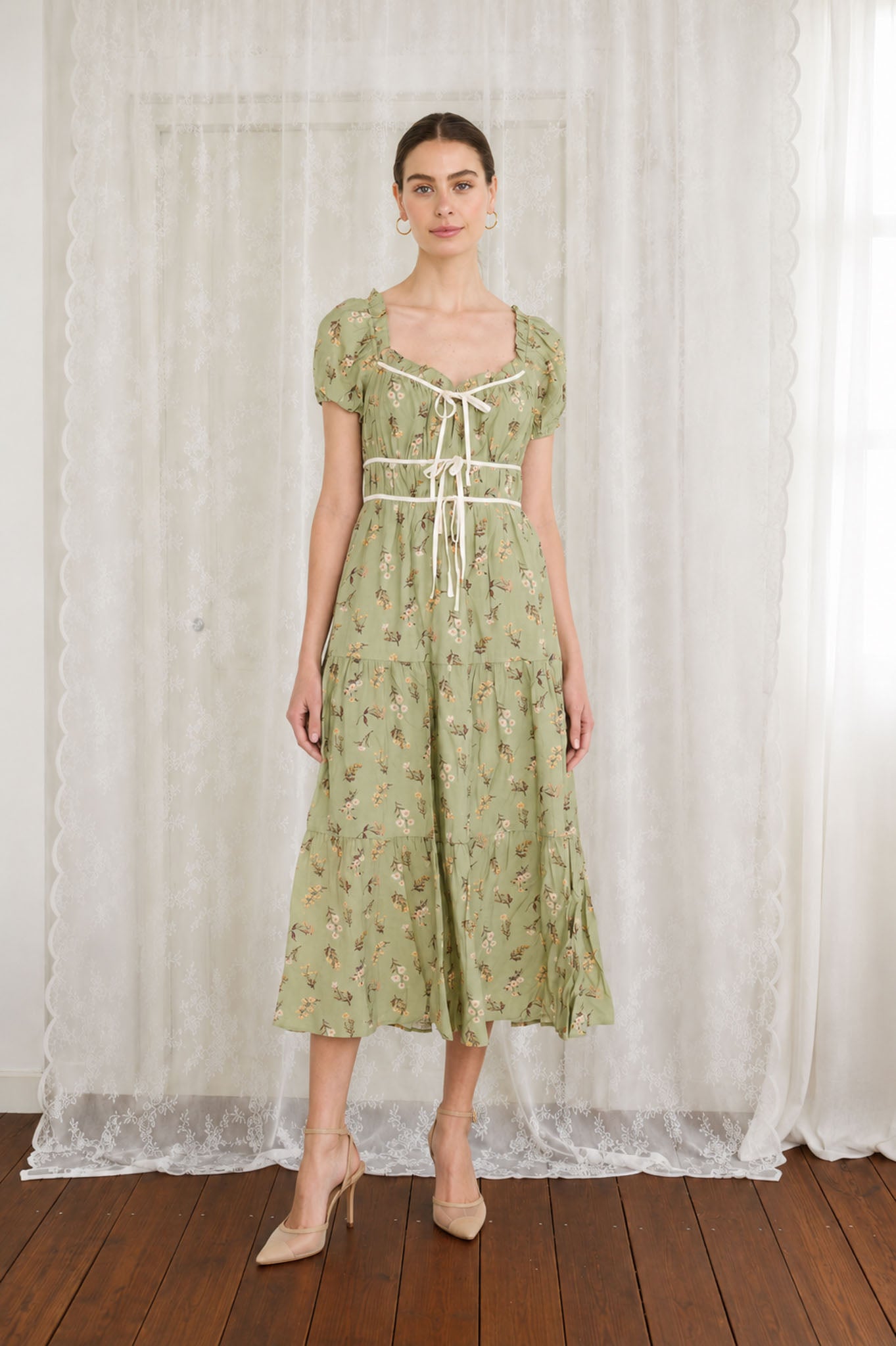 FLORAL PRINT RUFFLE TIERED PUFF SLEEVE MIDI DRESS (PRE-ORDER)