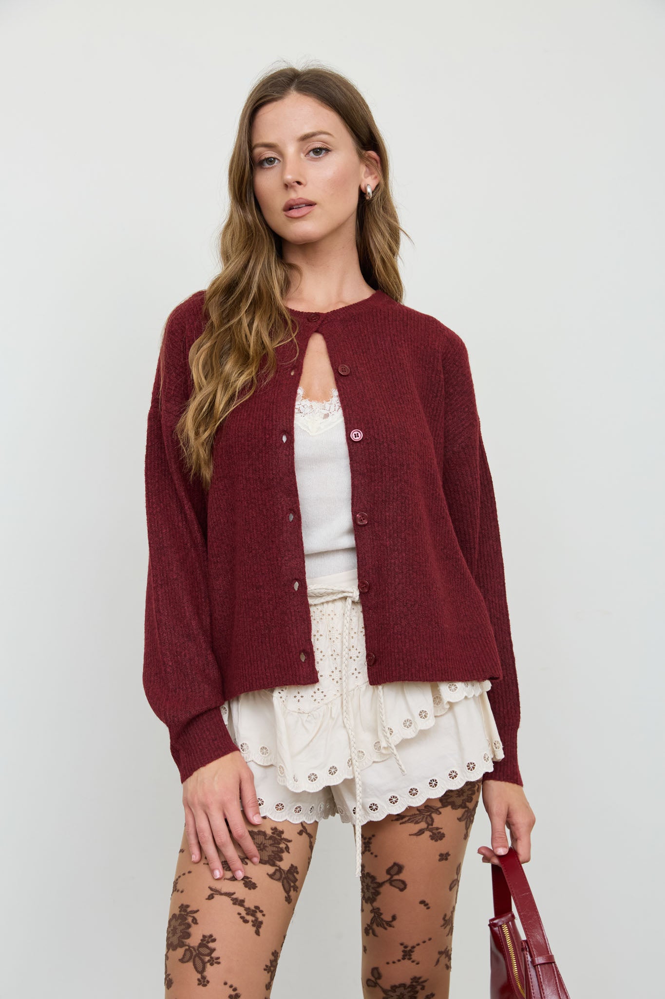 ROUND NECK BUTTON DOWN RIBBED KNIT CARDIGAN