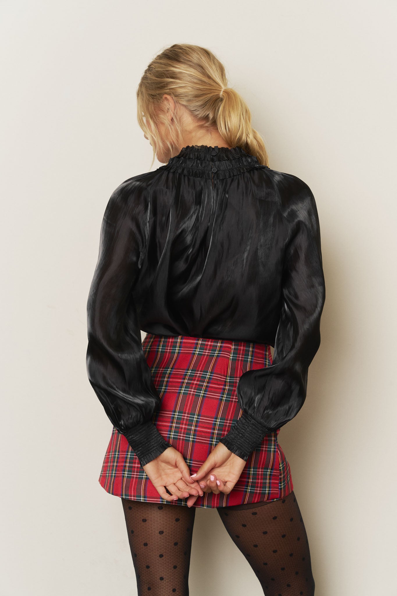 SMOCKED NECK SHIMMER LONG SLEEVE BLOUSE