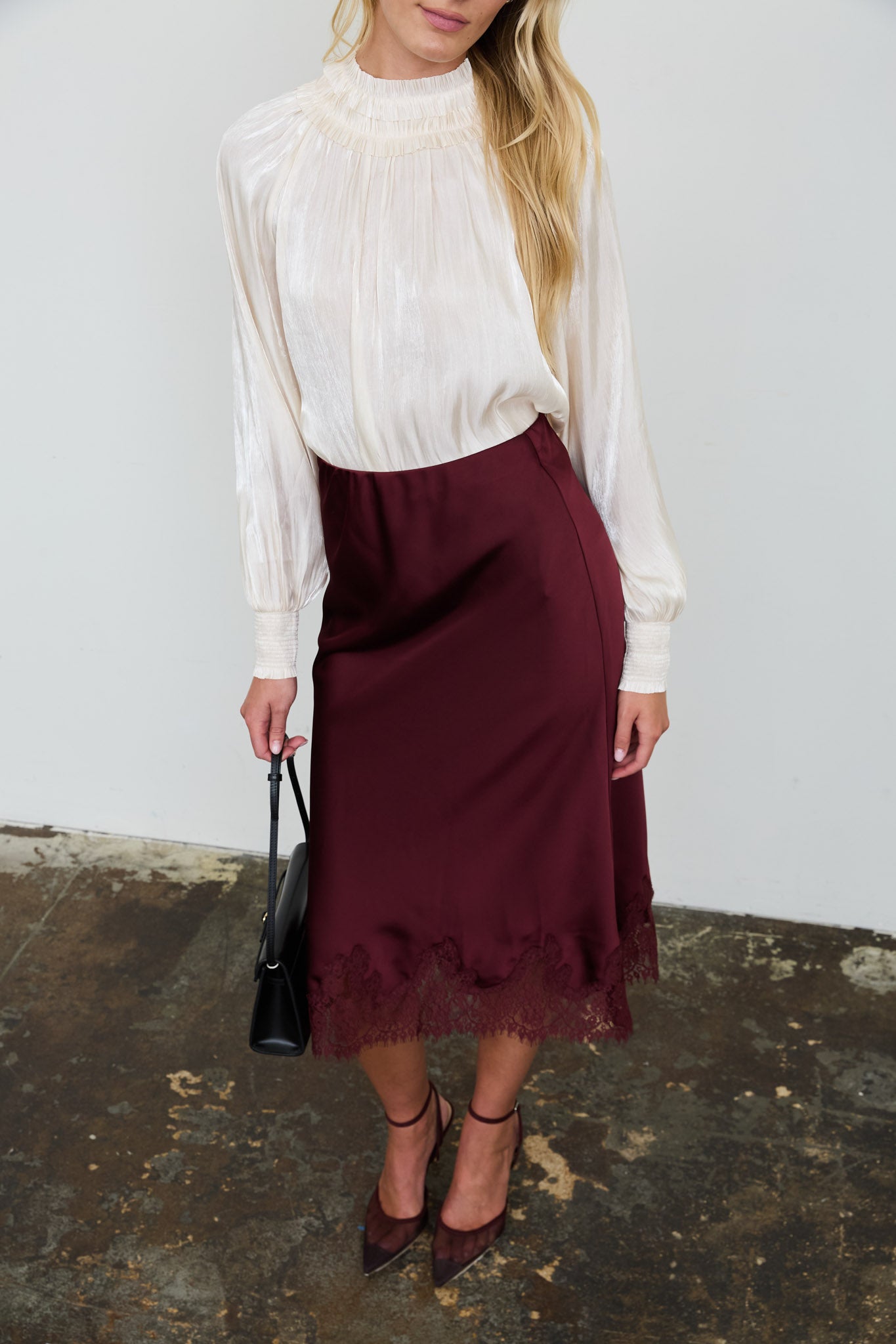 SMOCKED NECK SHIMMER LONG SLEEVE BLOUSE