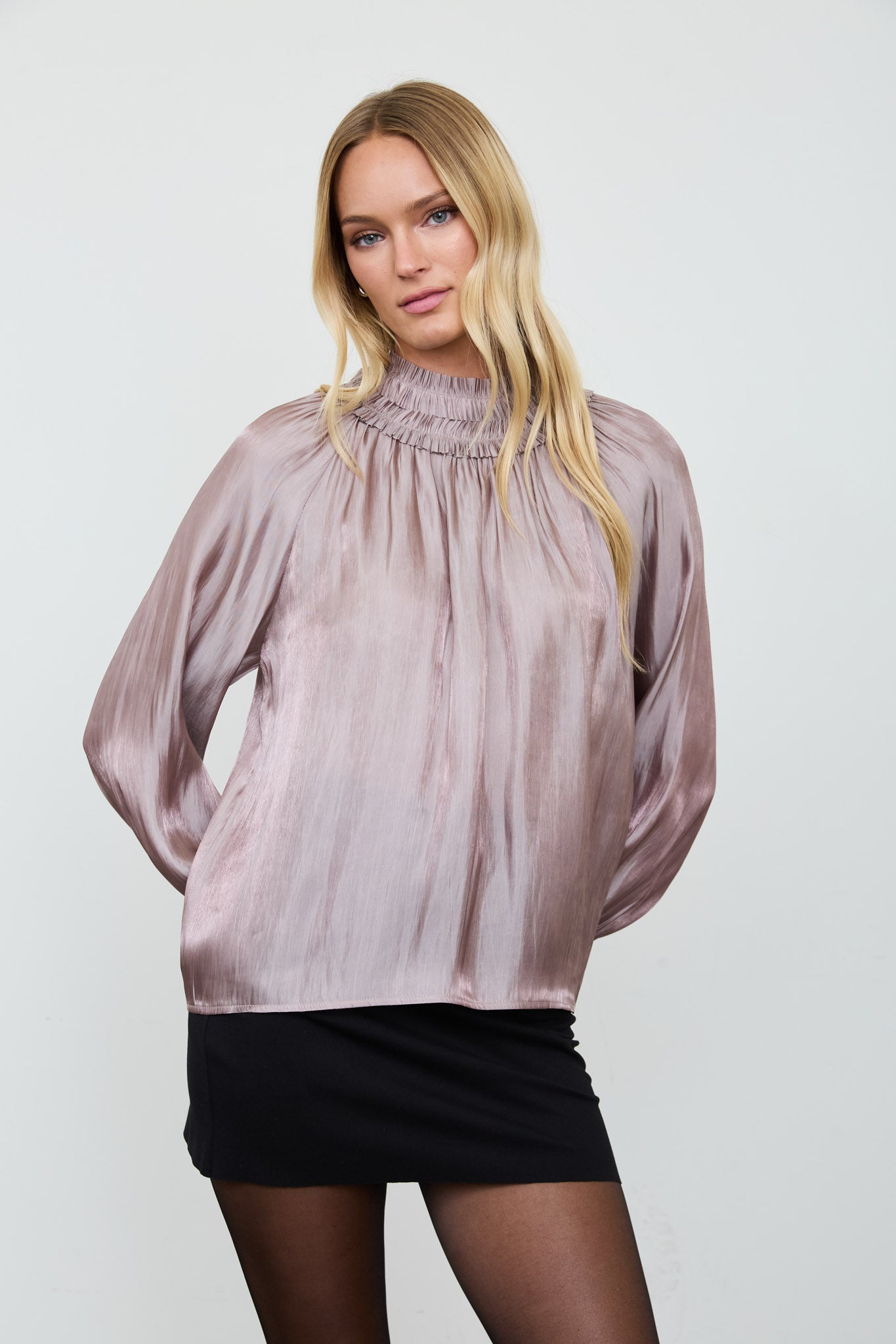 SMOCKED NECK SHIMMER LONG SLEEVE BLOUSE