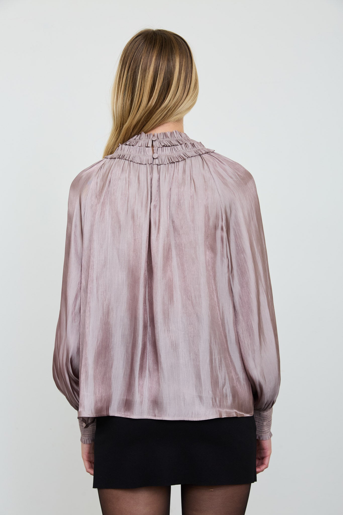 SMOCKED NECK SHIMMER LONG SLEEVE BLOUSE