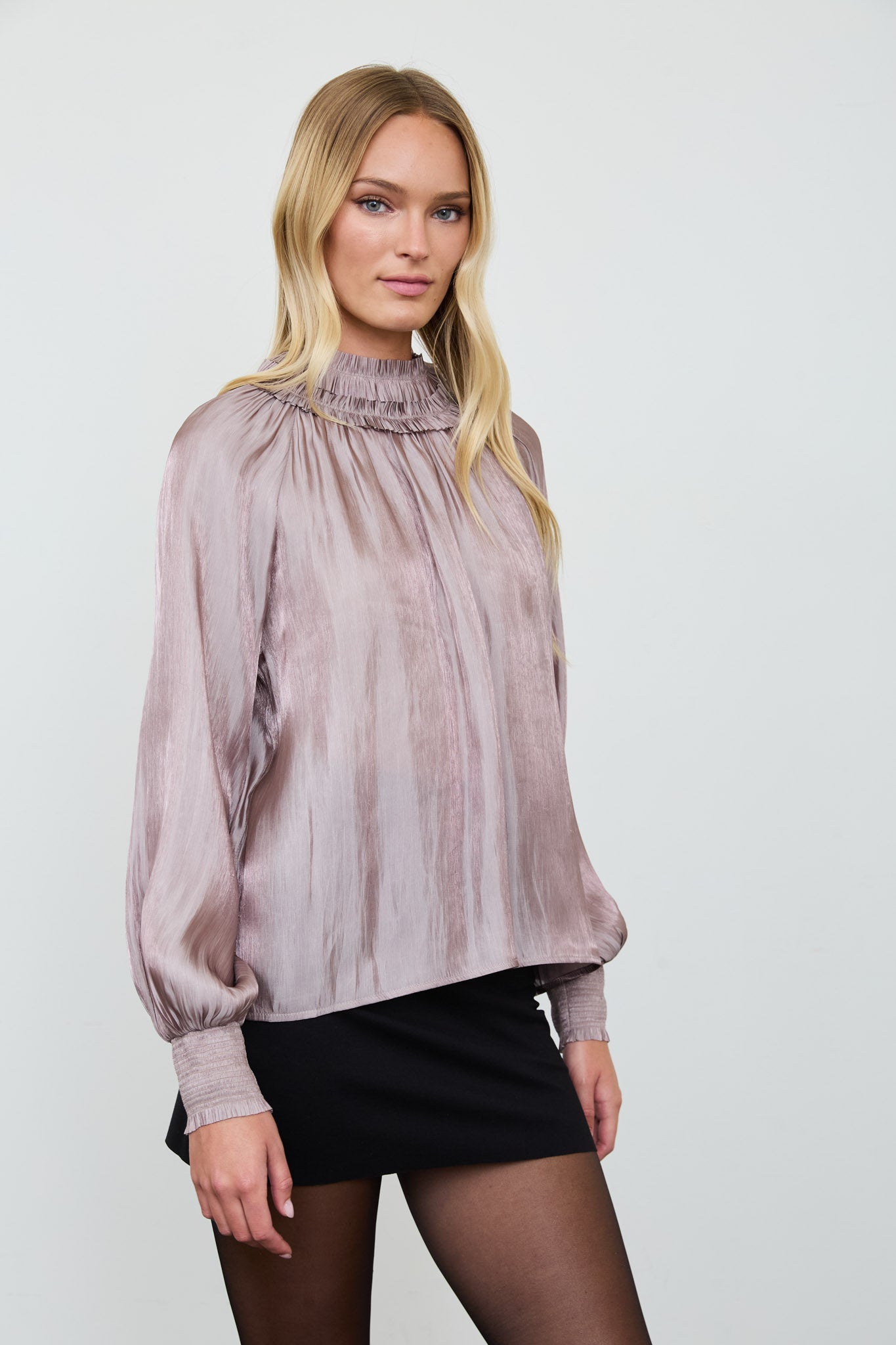 SMOCKED NECK SHIMMER LONG SLEEVE BLOUSE