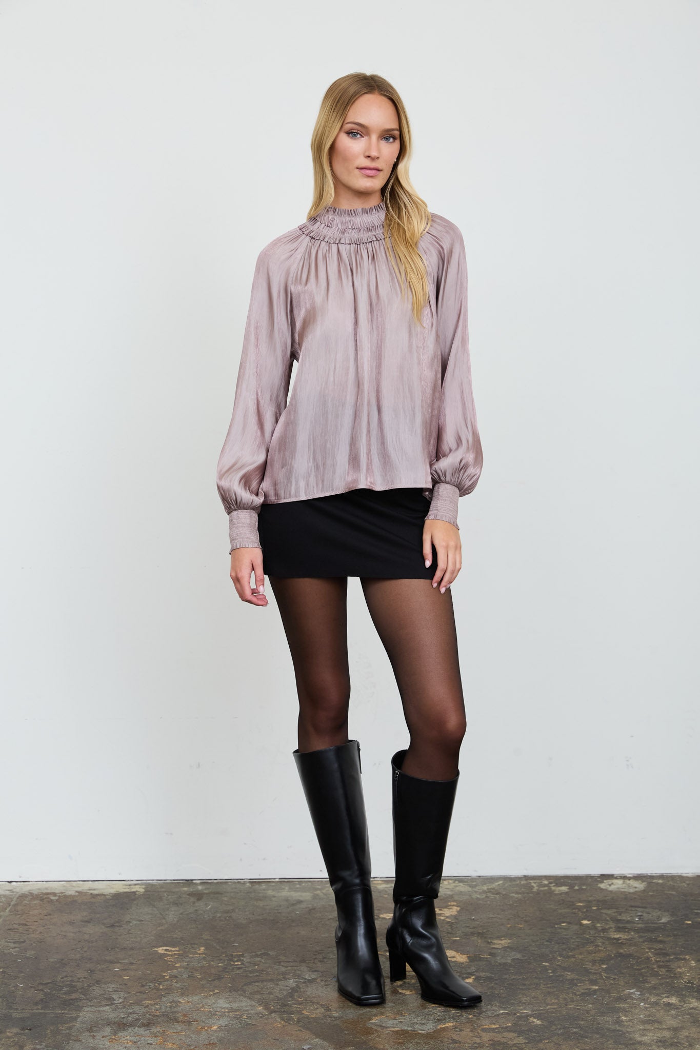 SMOCKED NECK SHIMMER LONG SLEEVE BLOUSE