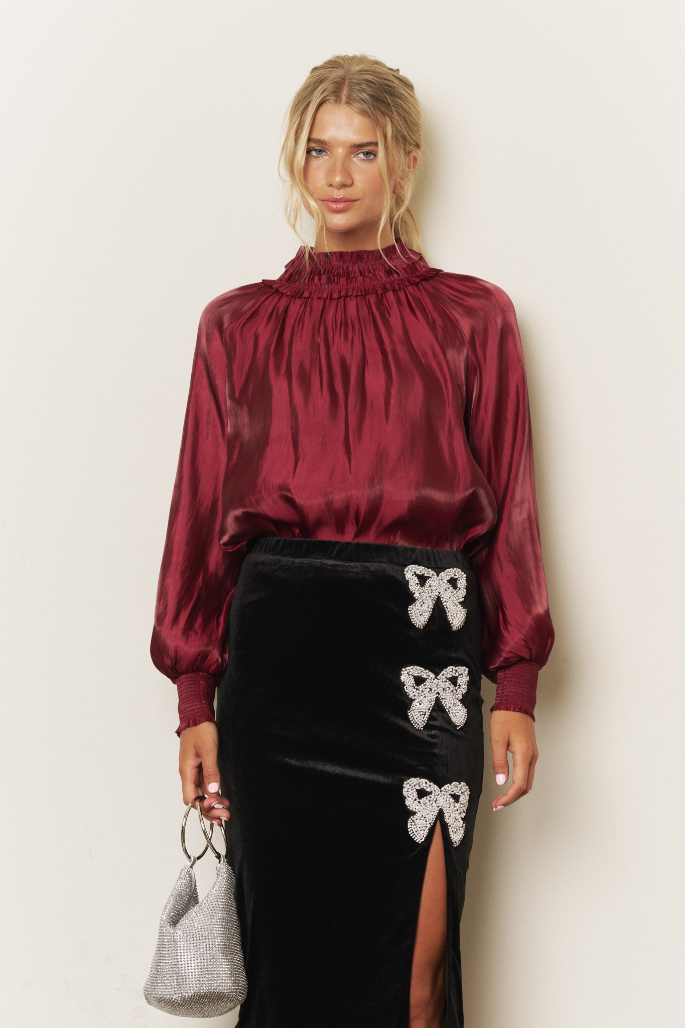 SMOCKED NECK SHIMMER LONG SLEEVE BLOUSE