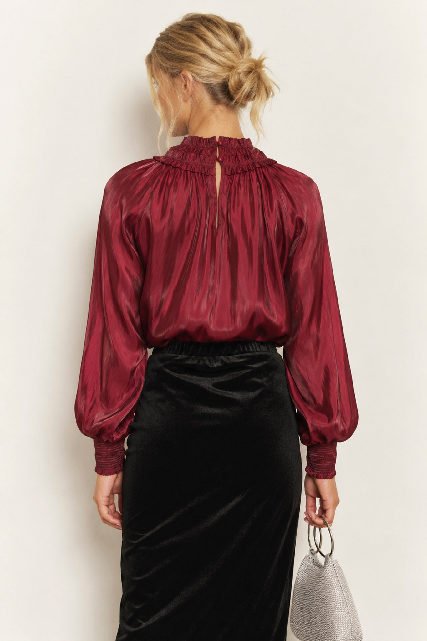 SMOCKED NECK SHIMMER LONG SLEEVE BLOUSE