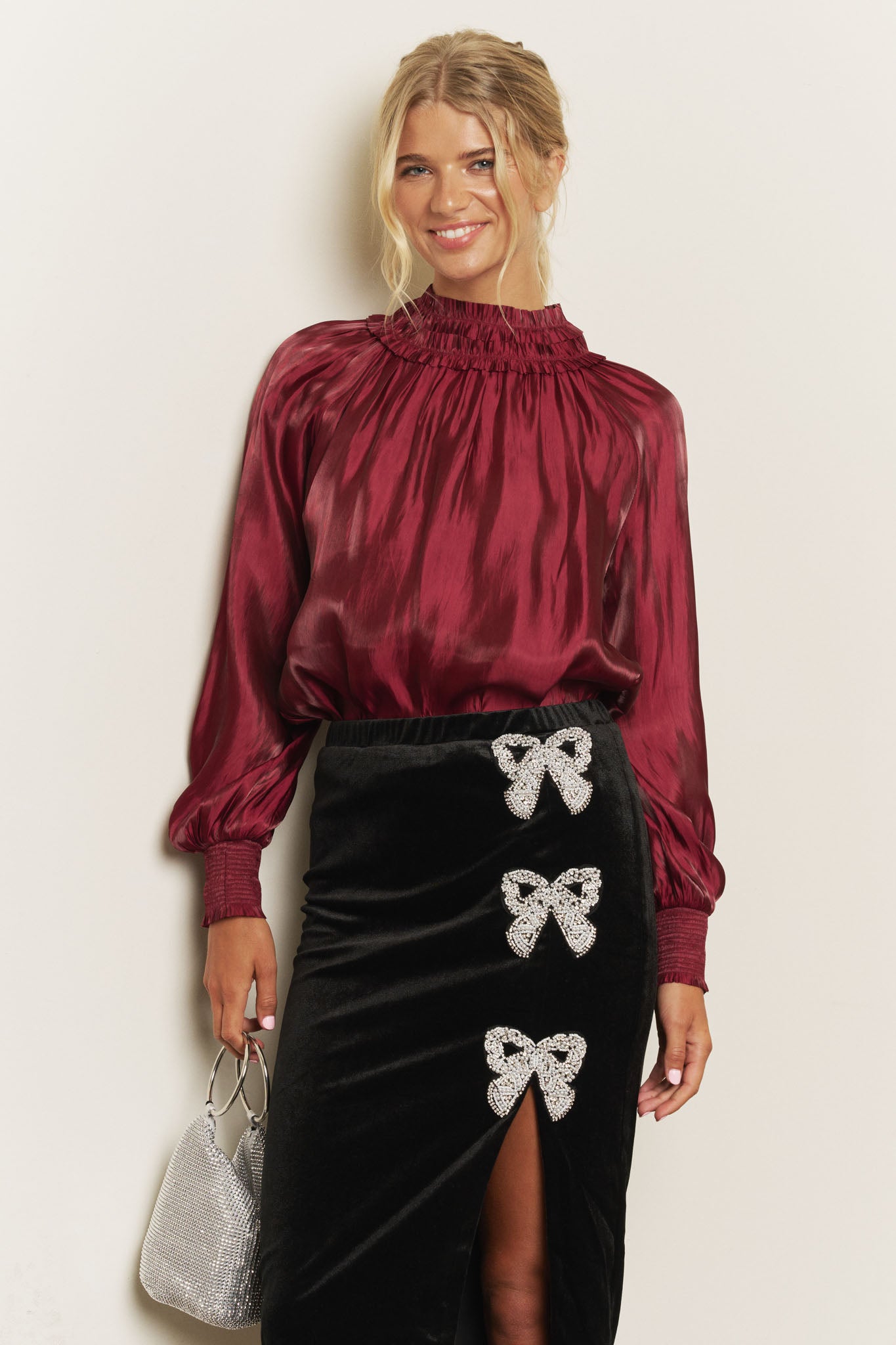 SMOCKED NECK SHIMMER LONG SLEEVE BLOUSE