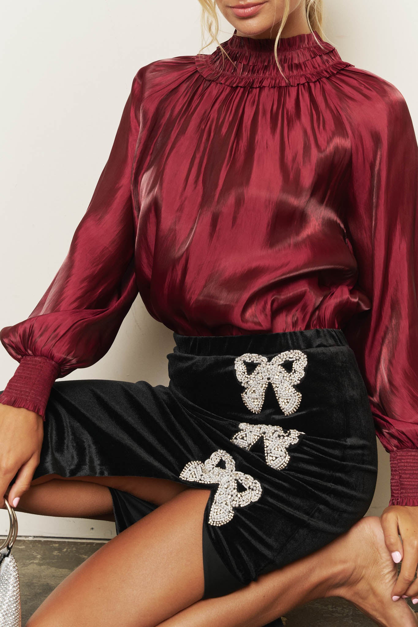 SMOCKED NECK SHIMMER LONG SLEEVE BLOUSE