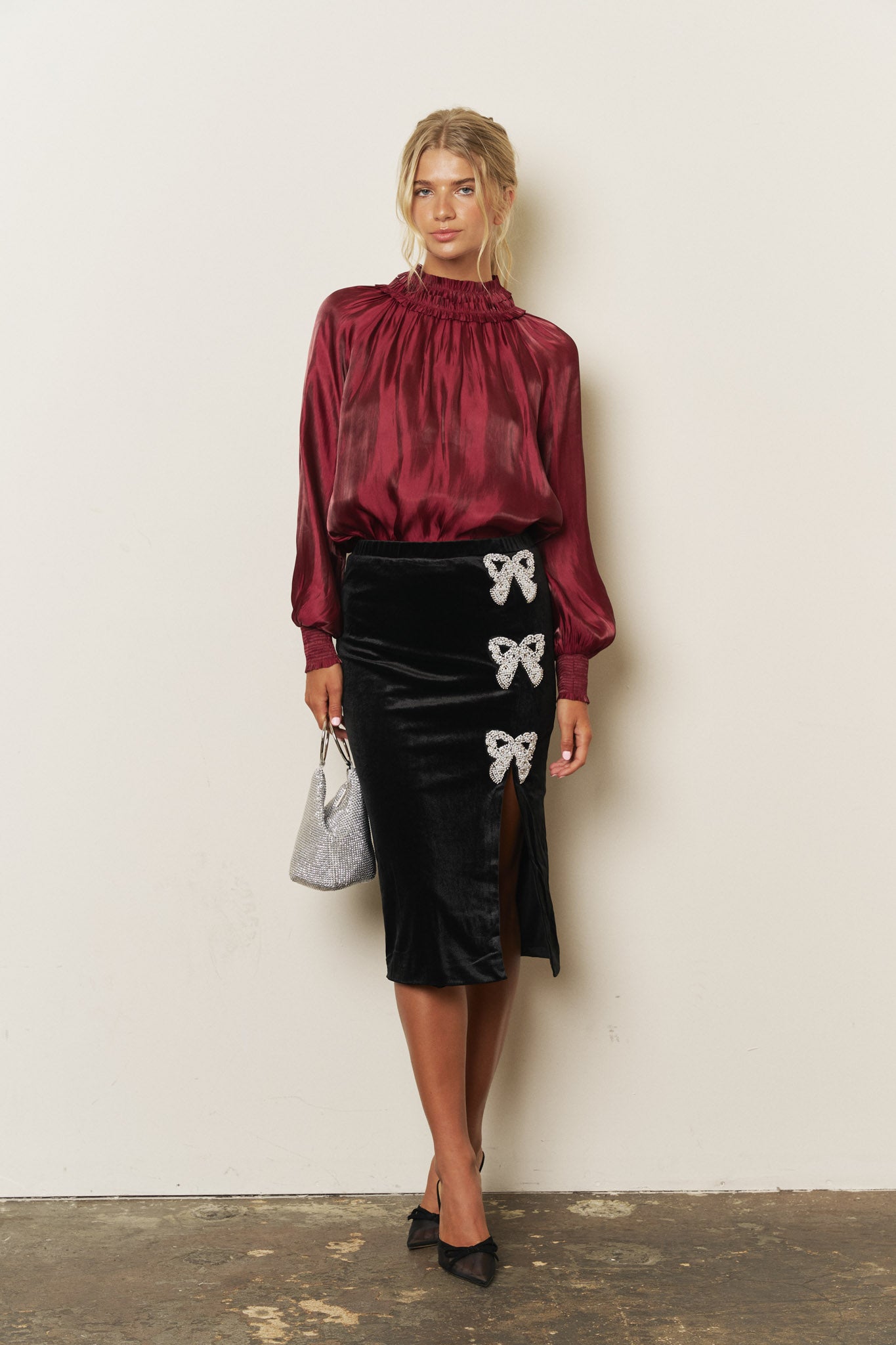 SMOCKED NECK SHIMMER LONG SLEEVE BLOUSE