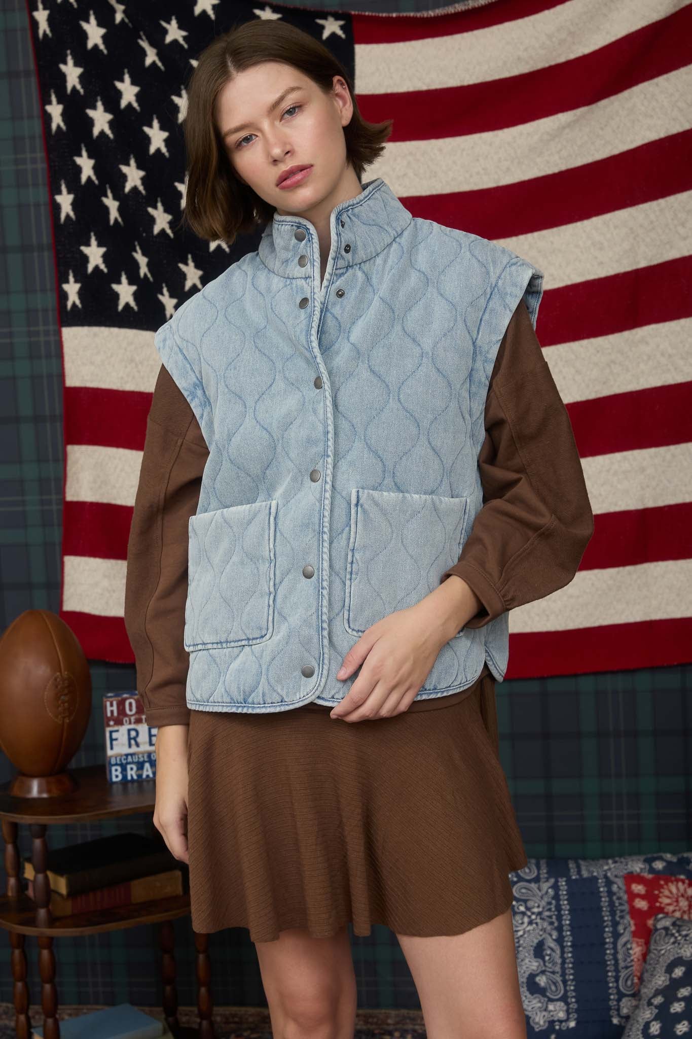 WASHED DENIM QUILTED BUTTON DOWN VEST (PRE-ORDER)