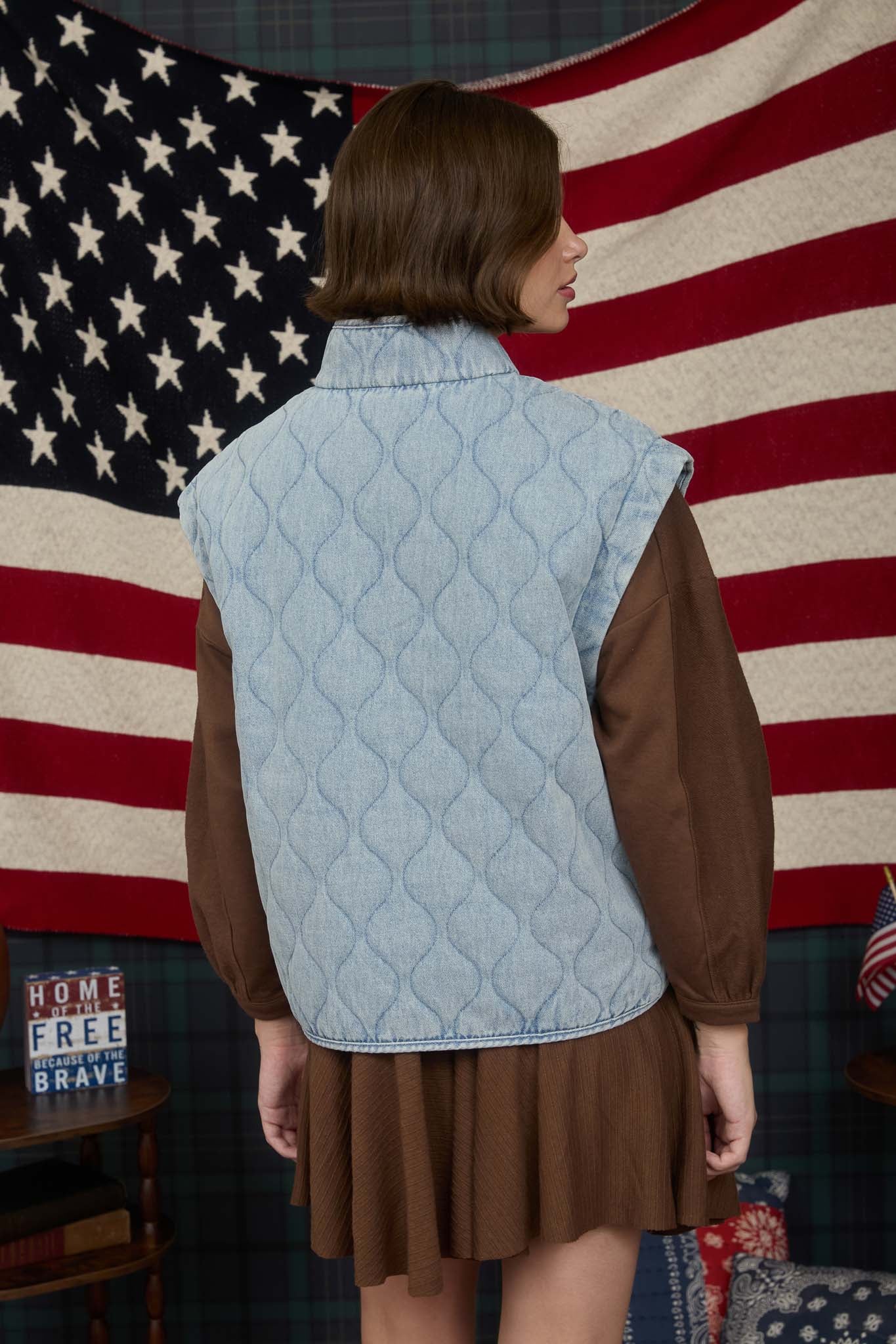 WASHED DENIM QUILTED BUTTON DOWN VEST (PRE-ORDER)
