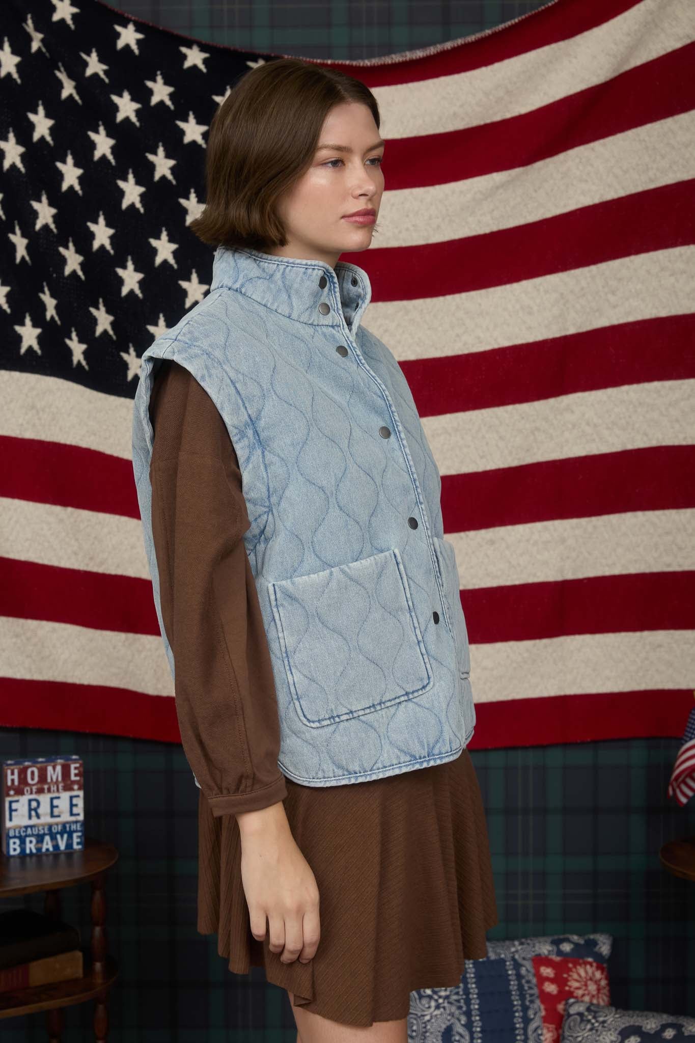WASHED DENIM QUILTED BUTTON DOWN VEST (PRE-ORDER)
