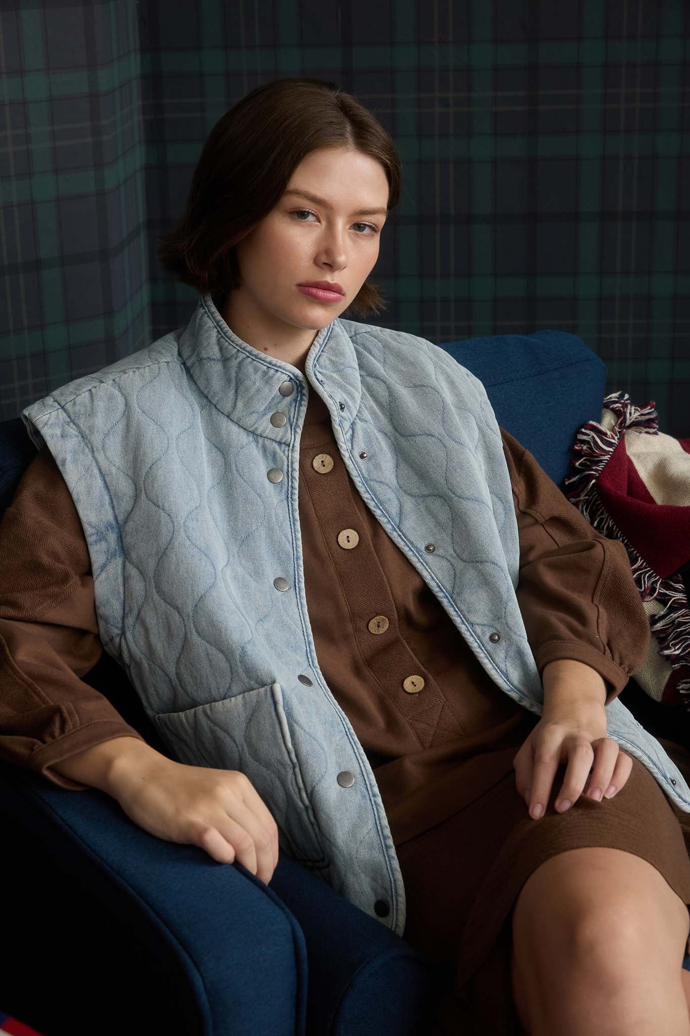 WASHED DENIM QUILTED BUTTON DOWN VEST (PRE-ORDER)