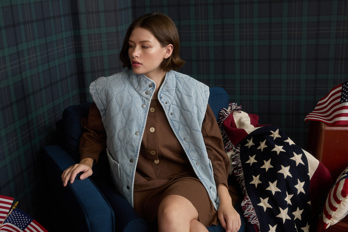 WASHED DENIM QUILTED BUTTON DOWN VEST (PRE-ORDER)