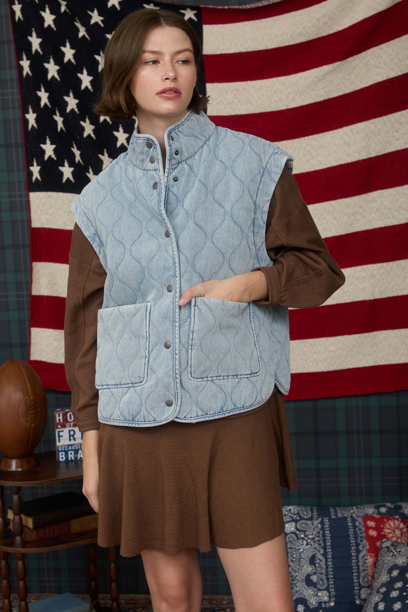 WASHED DENIM QUILTED BUTTON DOWN VEST (PRE-ORDER)
