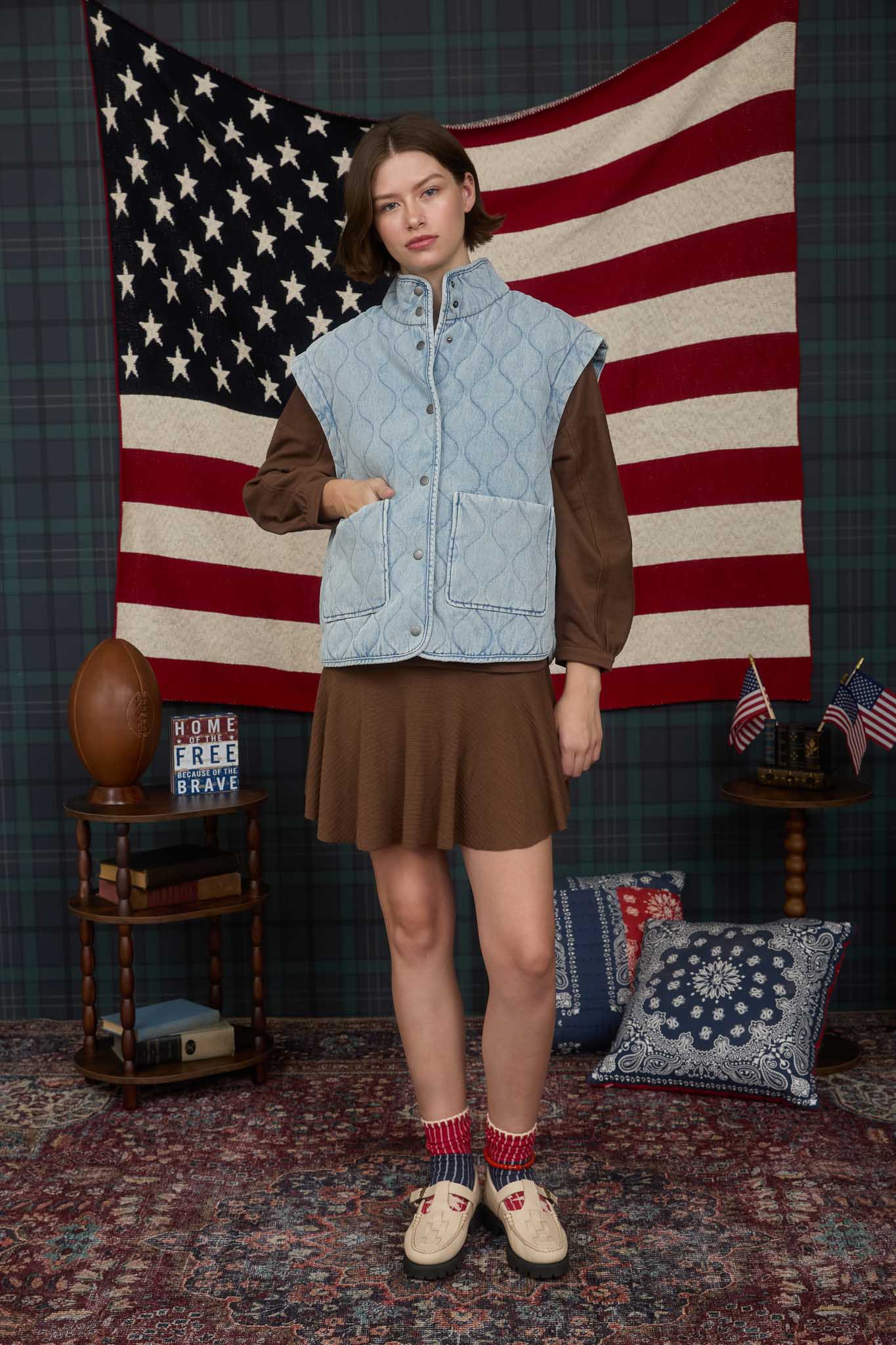 WASHED DENIM QUILTED BUTTON DOWN VEST (PRE-ORDER)