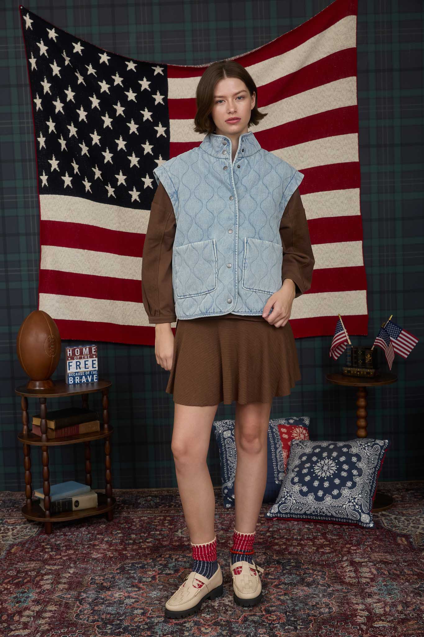WASHED DENIM QUILTED BUTTON DOWN VEST (PRE-ORDER)