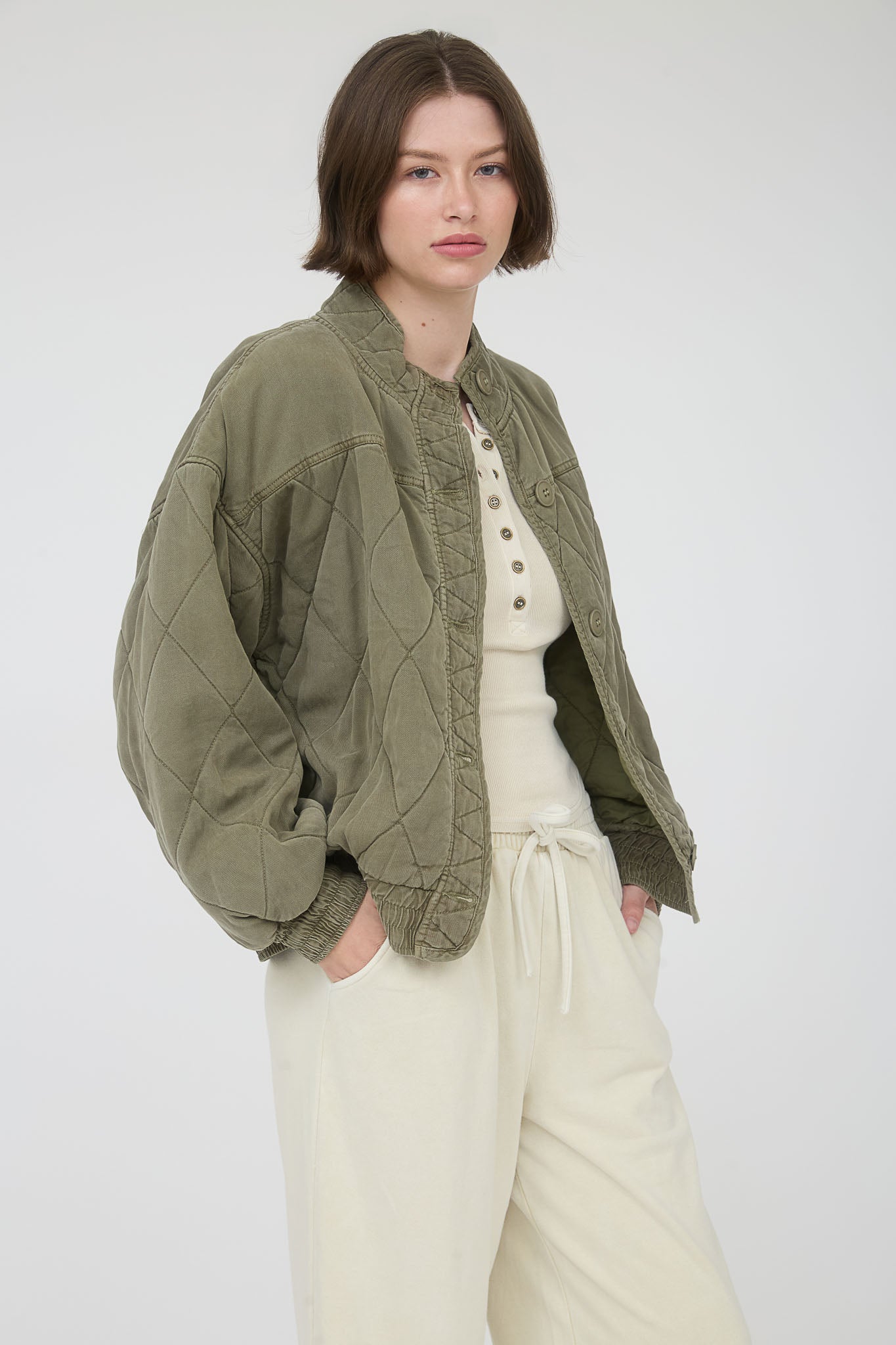 WASHED QUILTED BUTTON DOWN JACKET