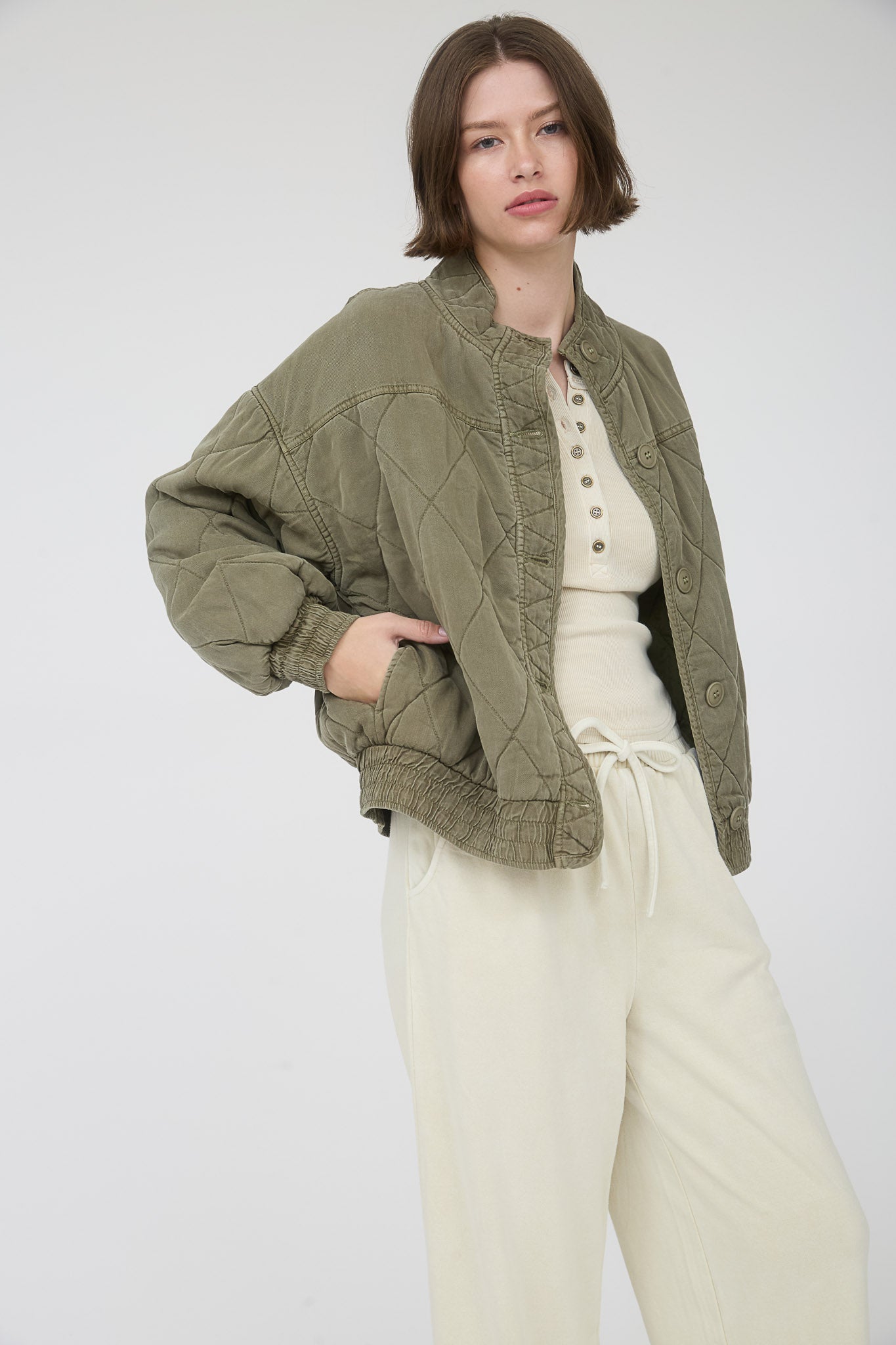 WASHED QUILTED BUTTON DOWN JACKET