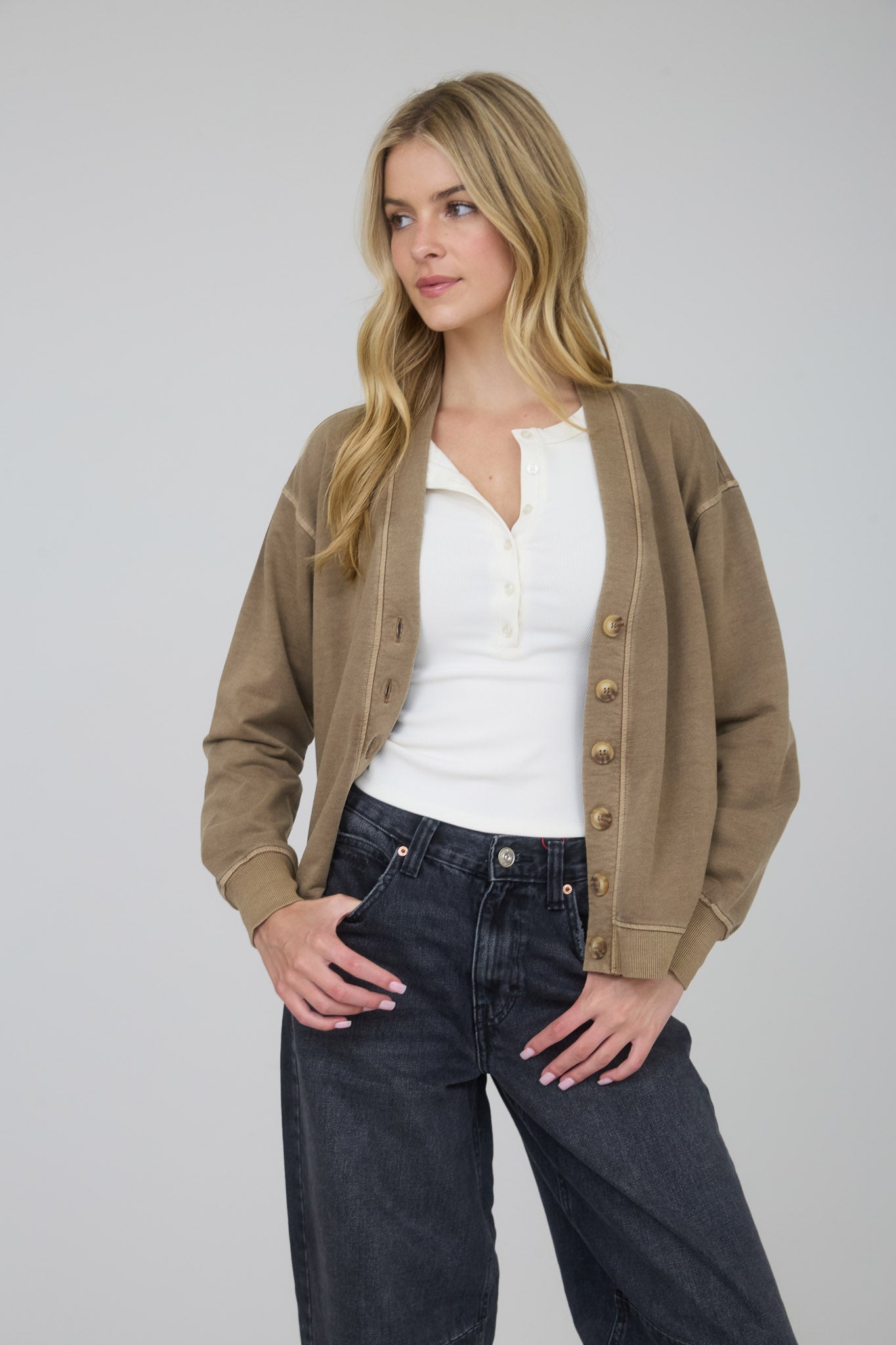 WASHED DETAIL BUTTON DOWN LONG SLEEVE CARDIGAN