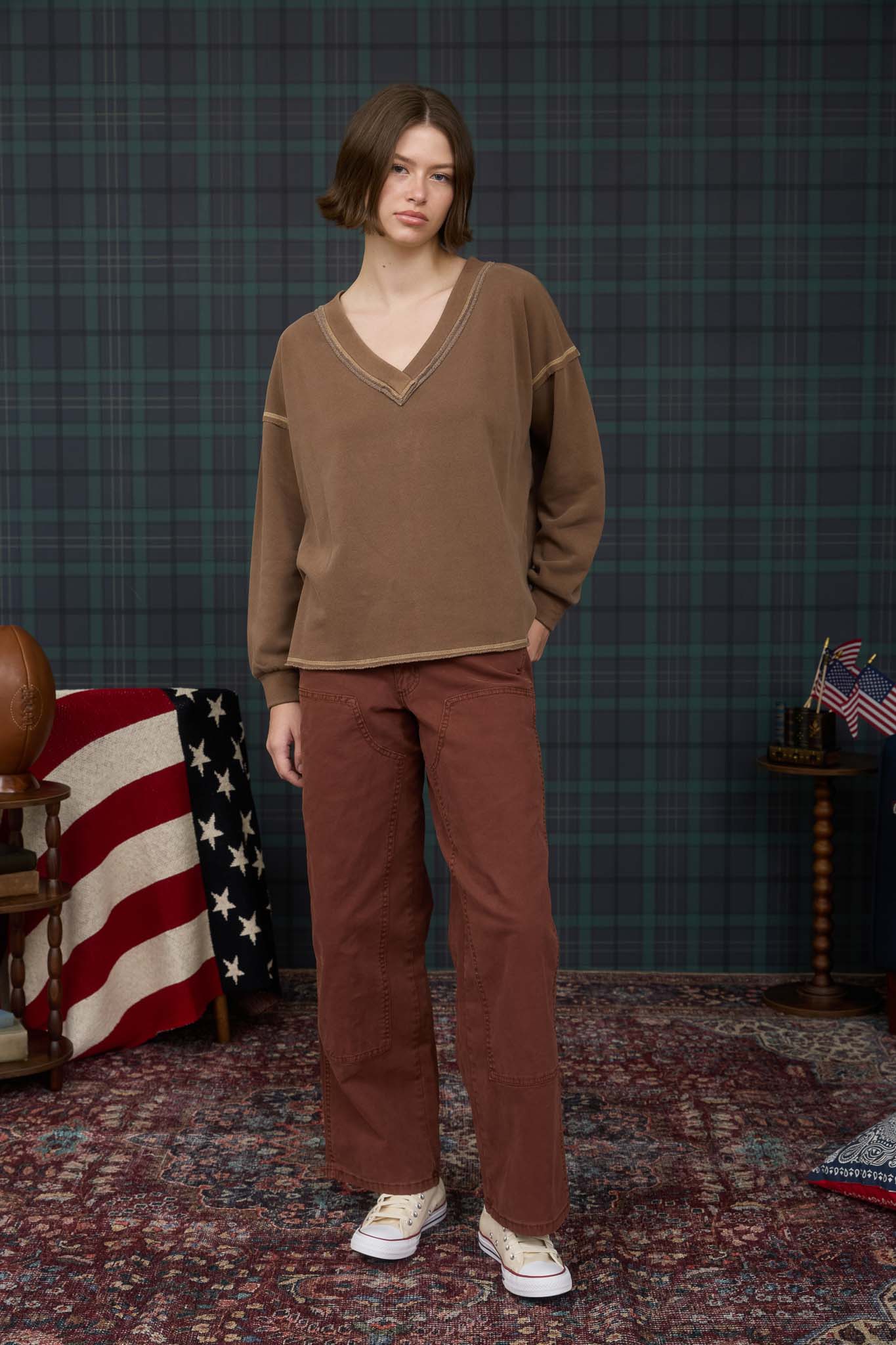 REVERSE STITCH V NECK LONG SLEEVE KNIT TOP