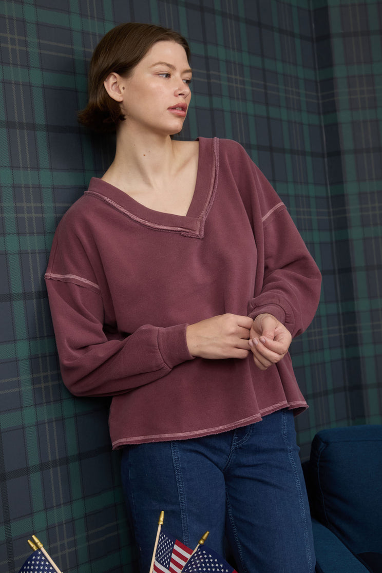 REVERSE STITCH V NECK LONG SLEEVE KNIT TOP