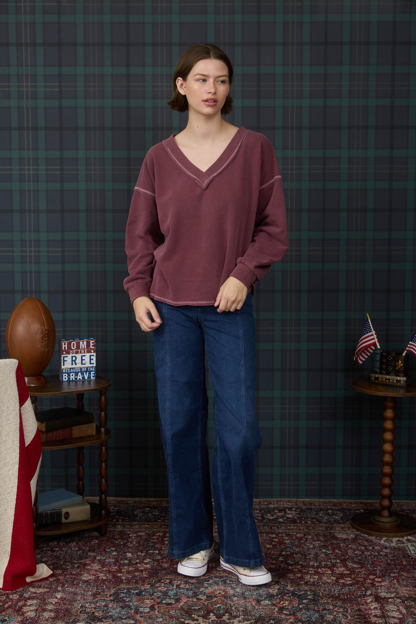 REVERSE STITCH V NECK LONG SLEEVE KNIT TOP